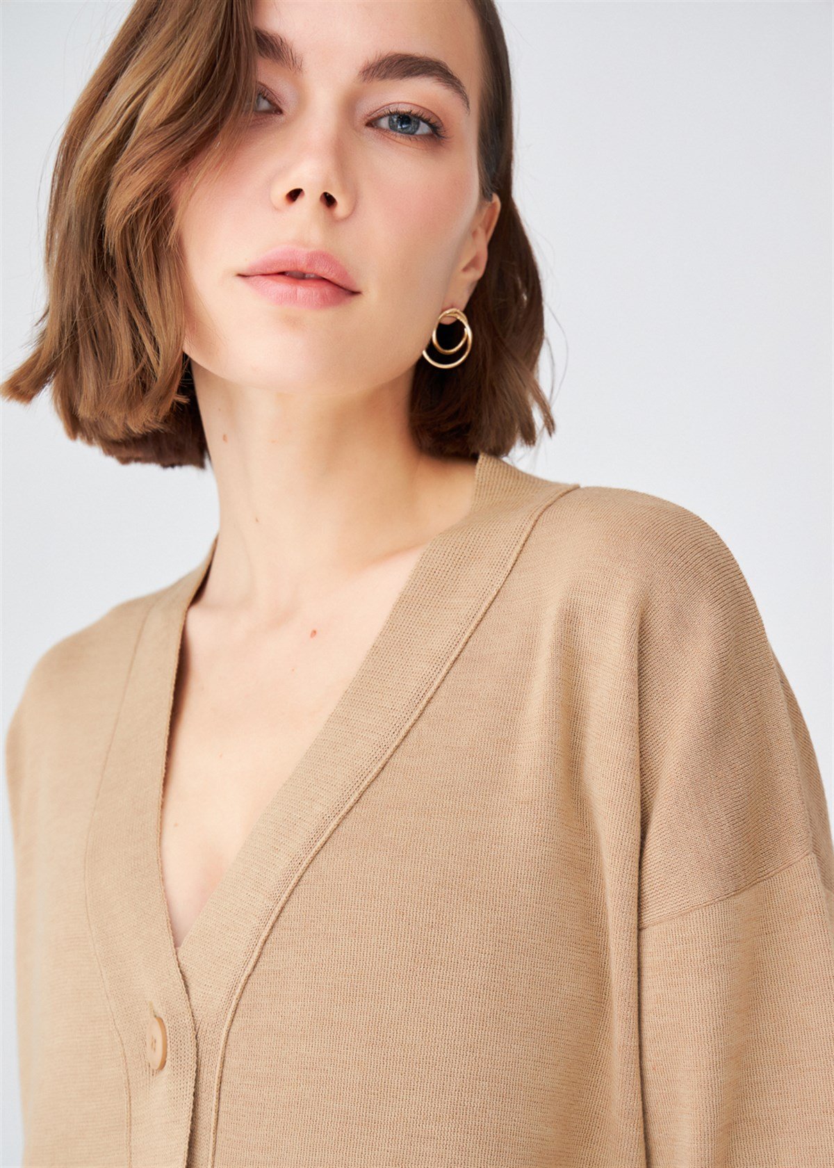 Peraluna Cepli Klasik Kesim V Yaka Uzun Kadın Triko Hırka Camel Melanj