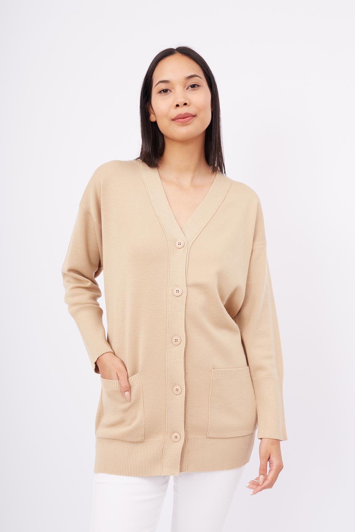 Peraluna Cepli Klasik Kesim V Yaka Uzun Kadın Triko Hırka - Bej