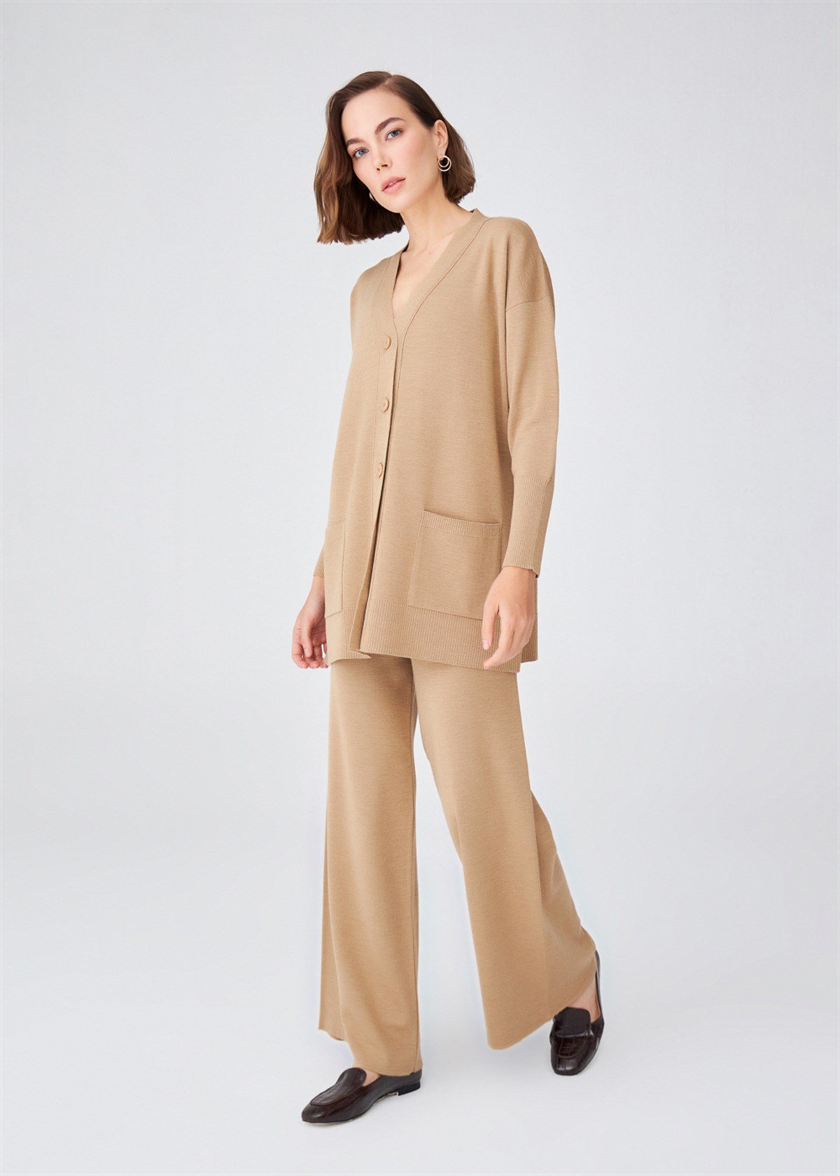 Peraluna Cepli Klasik Kesim V Yaka Uzun Kadın Triko Hırka Camel Melanj