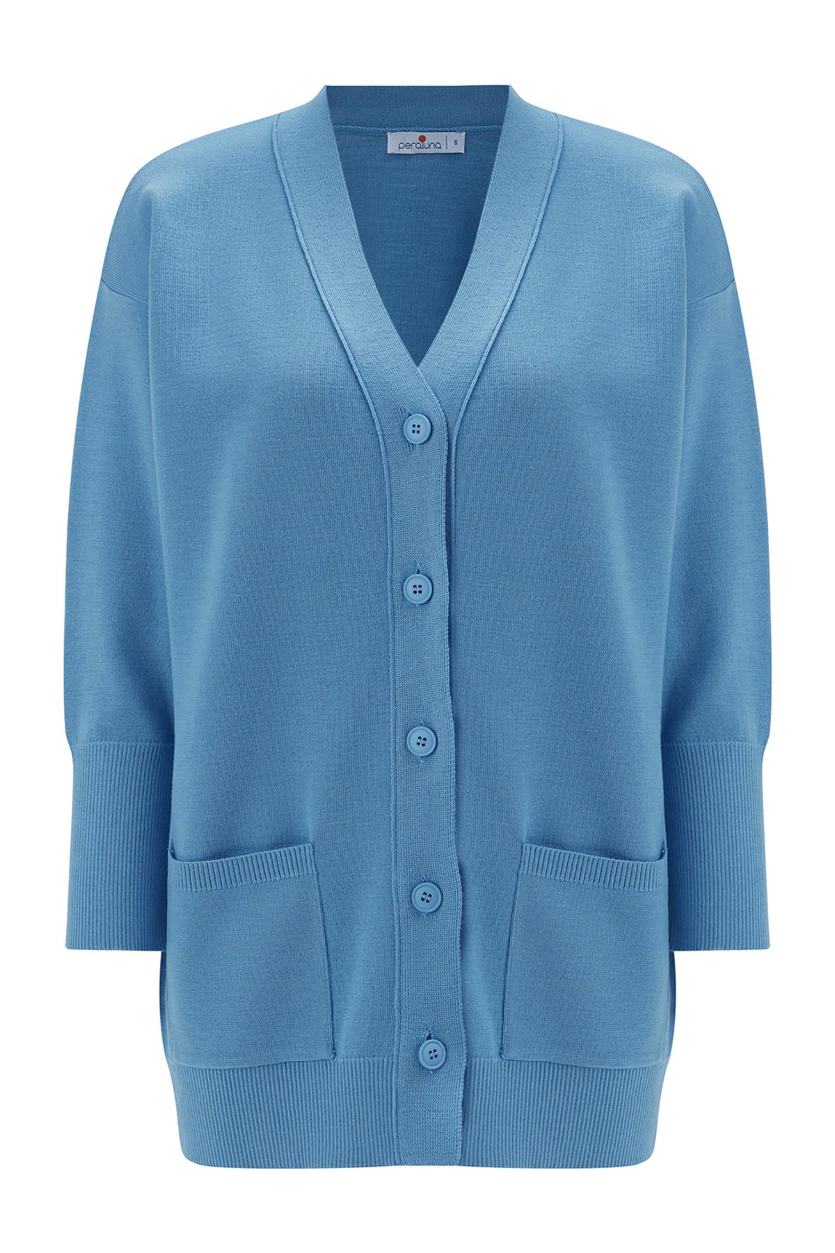 Peraluna Cepli Klasik Kesim V Yaka Uzun Kadın Triko Hırka Mavi