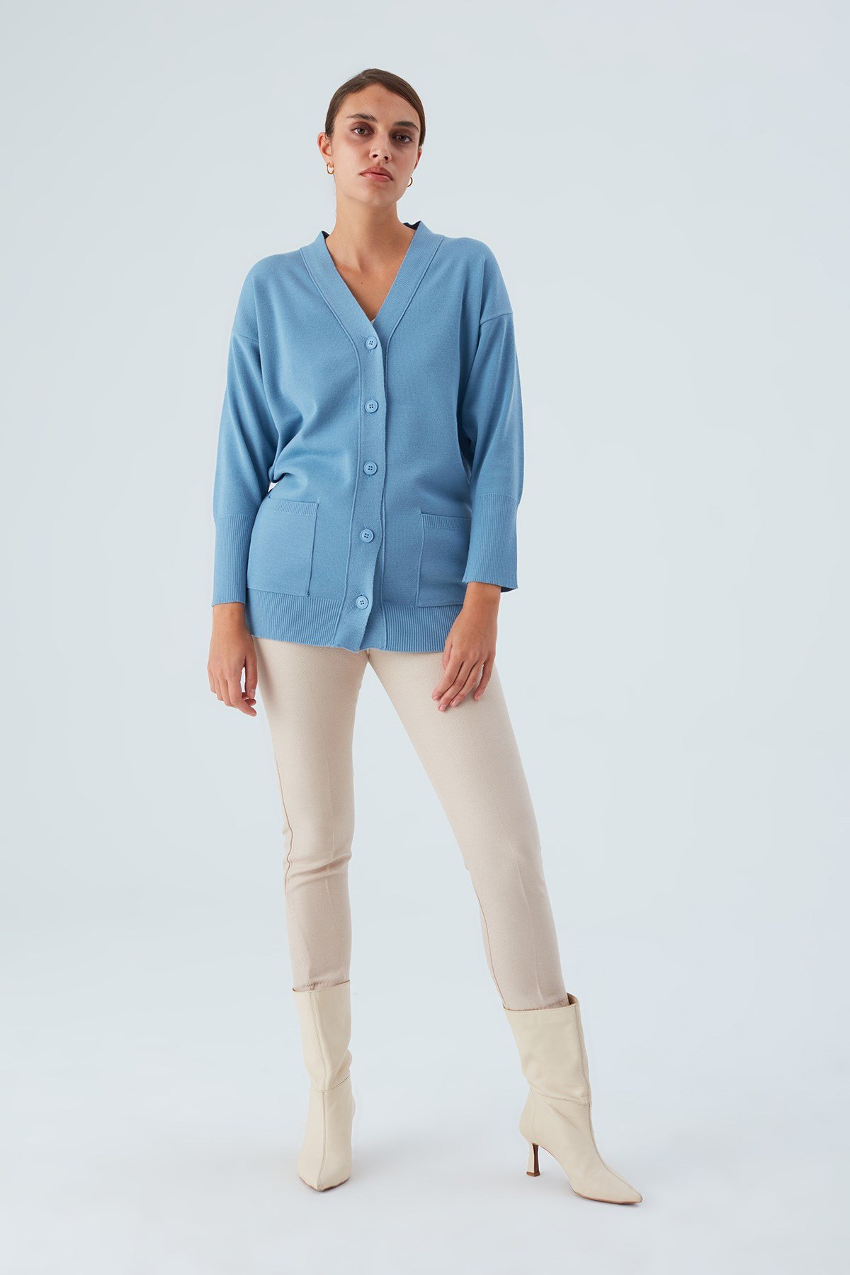 Peraluna V-neck Pocket Women's Knitwear Long Cardigan - Blue