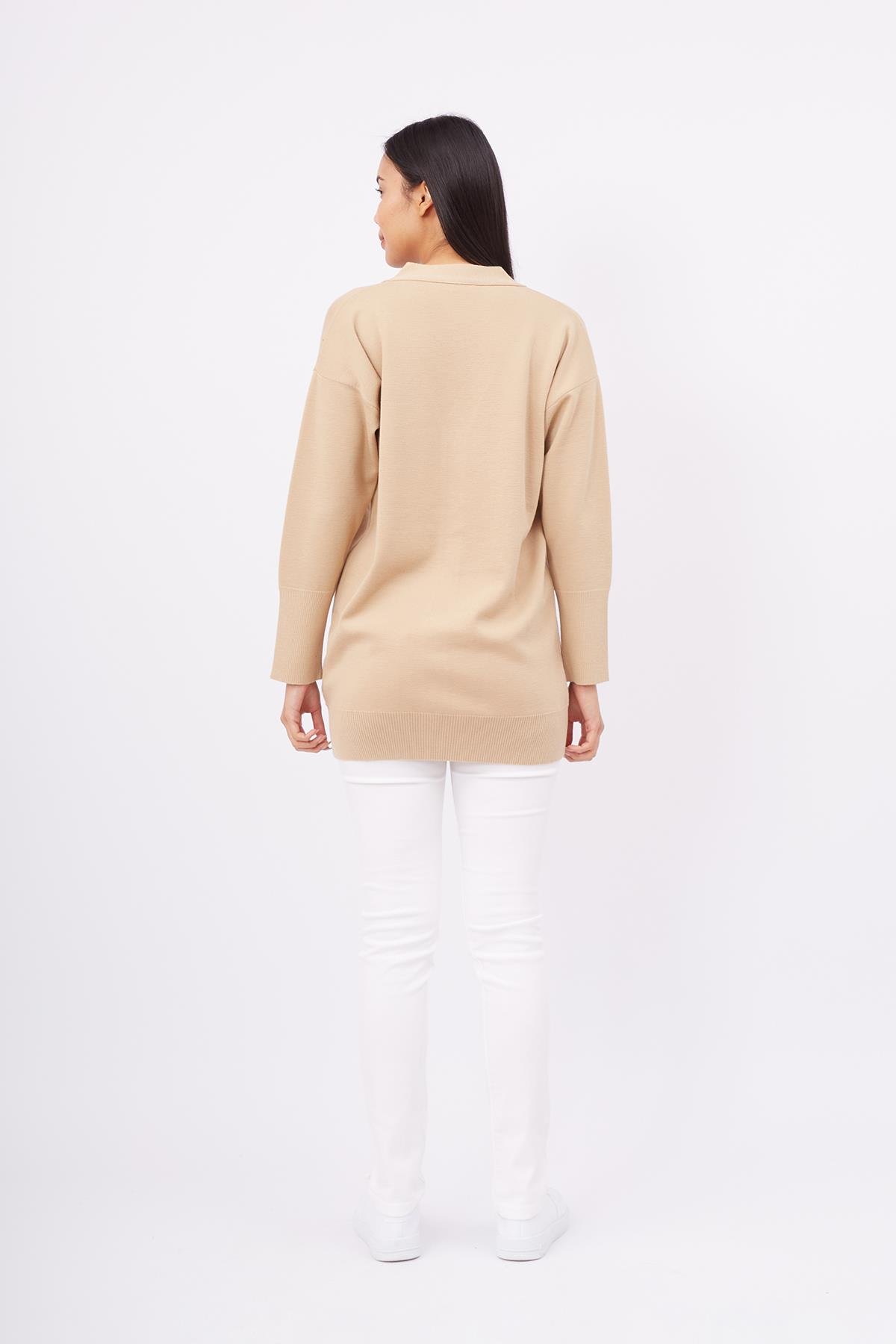 Peraluna Cepli Klasik Kesim V Yaka Uzun Kadın Triko Hırka - Bej