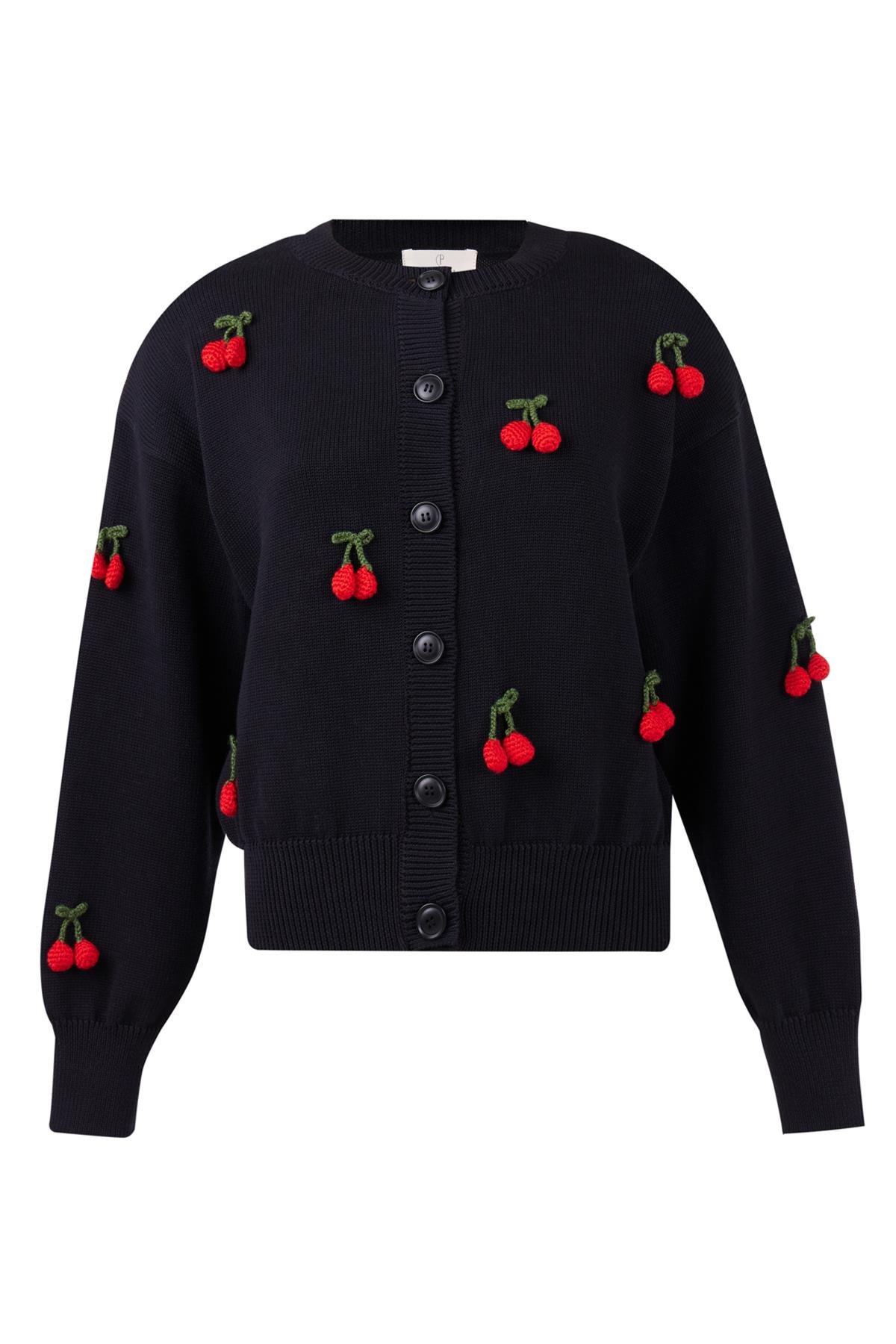 Peraluna CHERRY CARDİGAN Bol Kesim Elde Dokuma Kiraz Detaylı Kadın Triko Hırka - Siyah