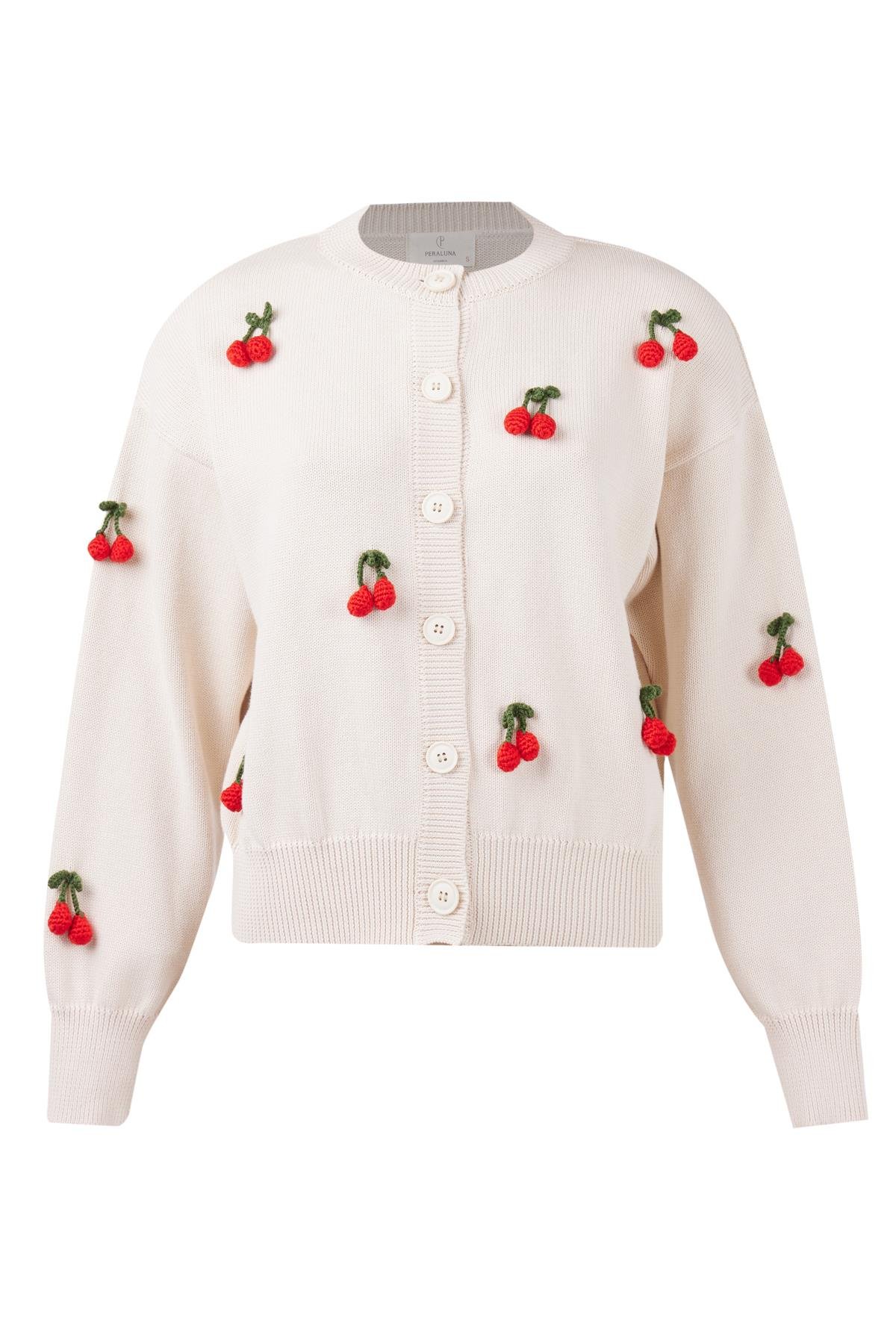 Peraluna CHERRY CARDİGAN Bol Kesim Elde Dokuma Kiraz Detaylı Kadın Triko Hırka - Krem