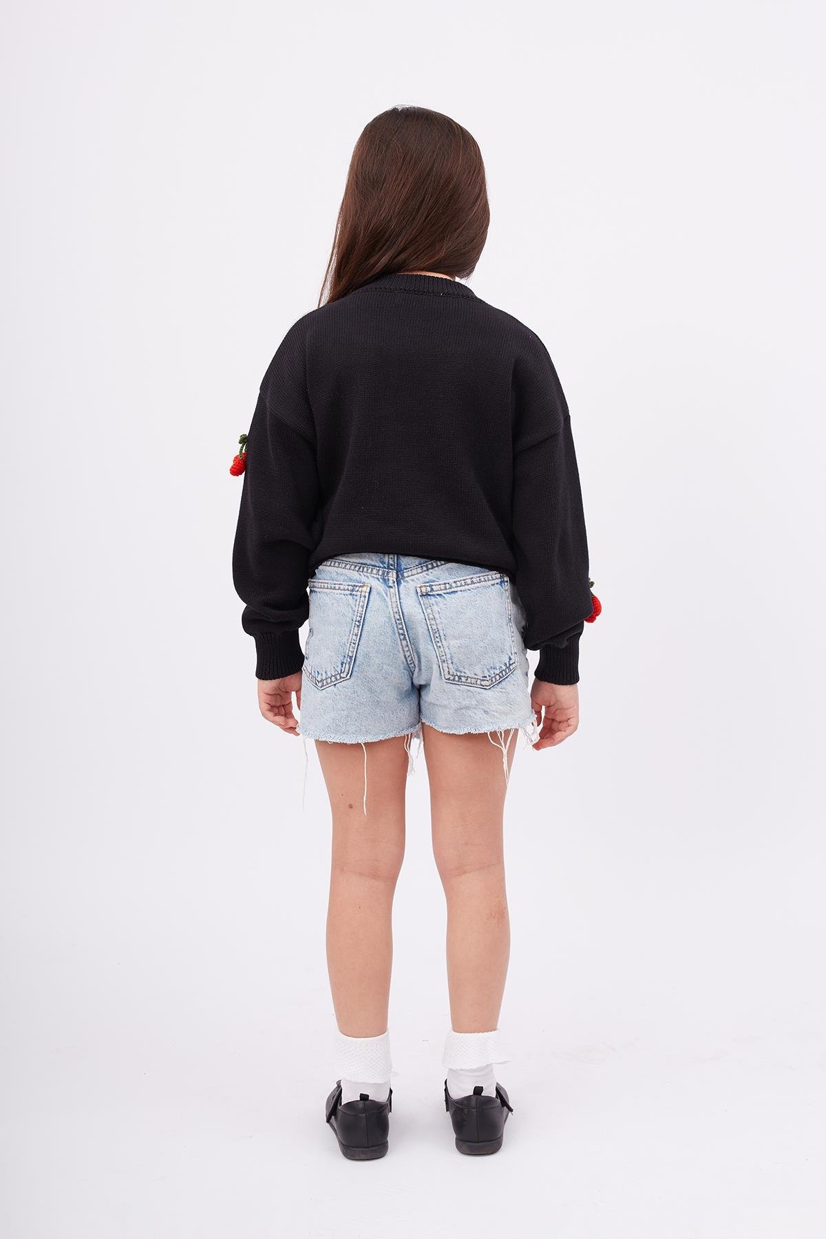 Peraluna CHERRY CARDİGAN GİRLS Bol Kesim Elde Dokuma Kiraz Detaylı Kız Çocuk Triko Hırka - Siyah