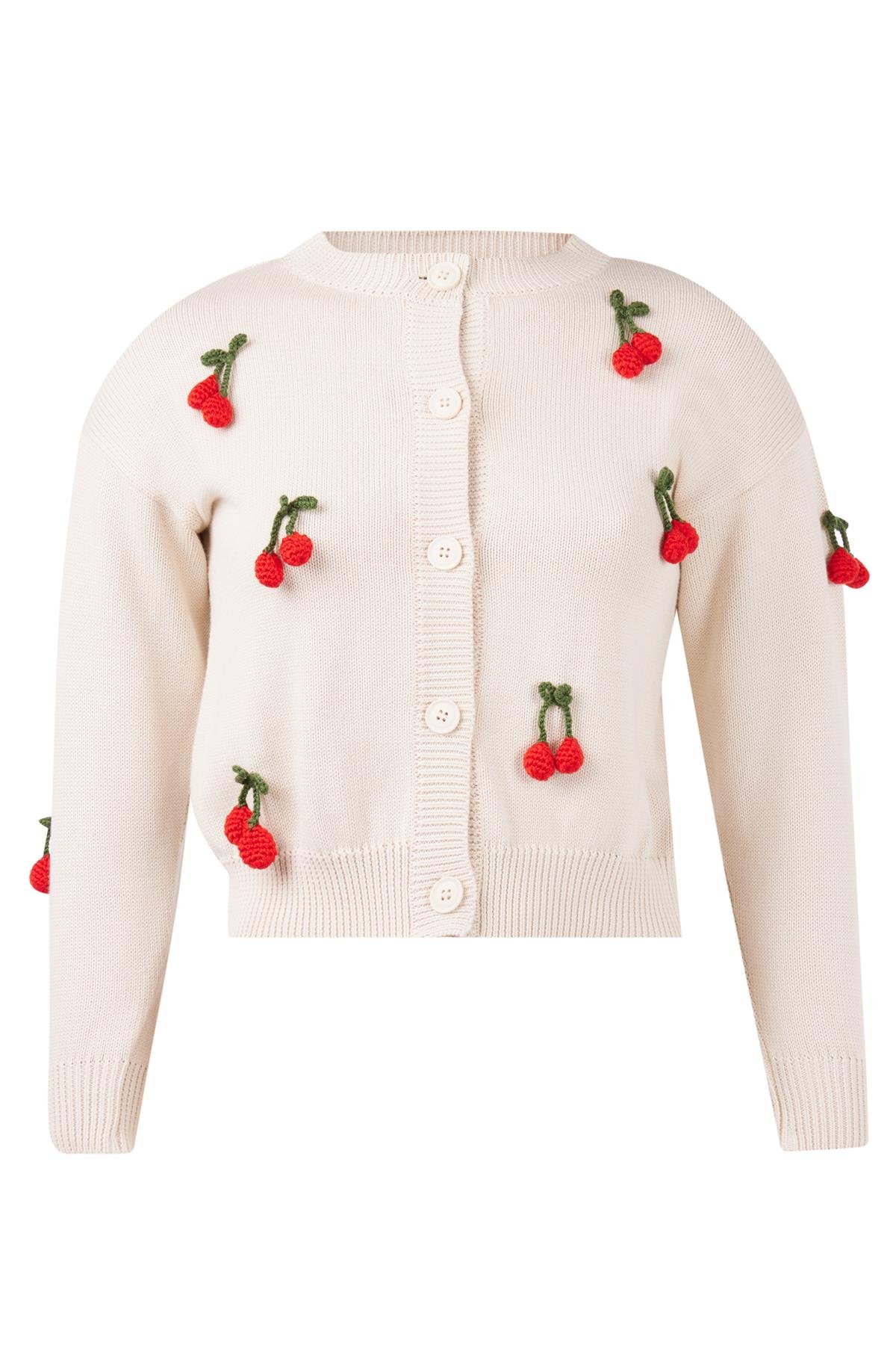 Peraluna CHERRY CARDİGAN GİRLS Bol Kesim Elde Dokuma Kiraz Detaylı Kız Çocuk Triko Hırka - Krem