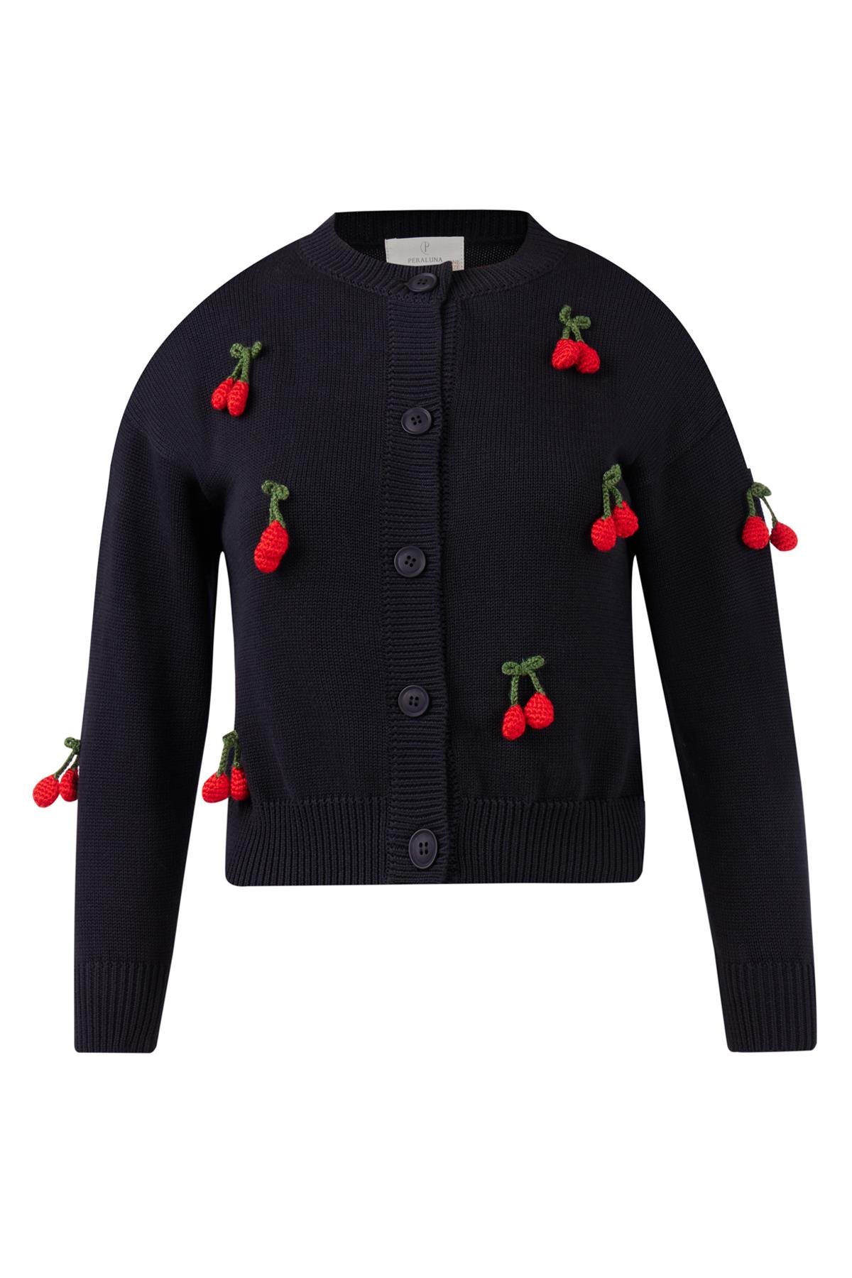 Peraluna CHERRY CARDİGAN GİRLS Bol Kesim Elde Dokuma Kiraz Detaylı Kız Çocuk Triko Hırka - Siyah