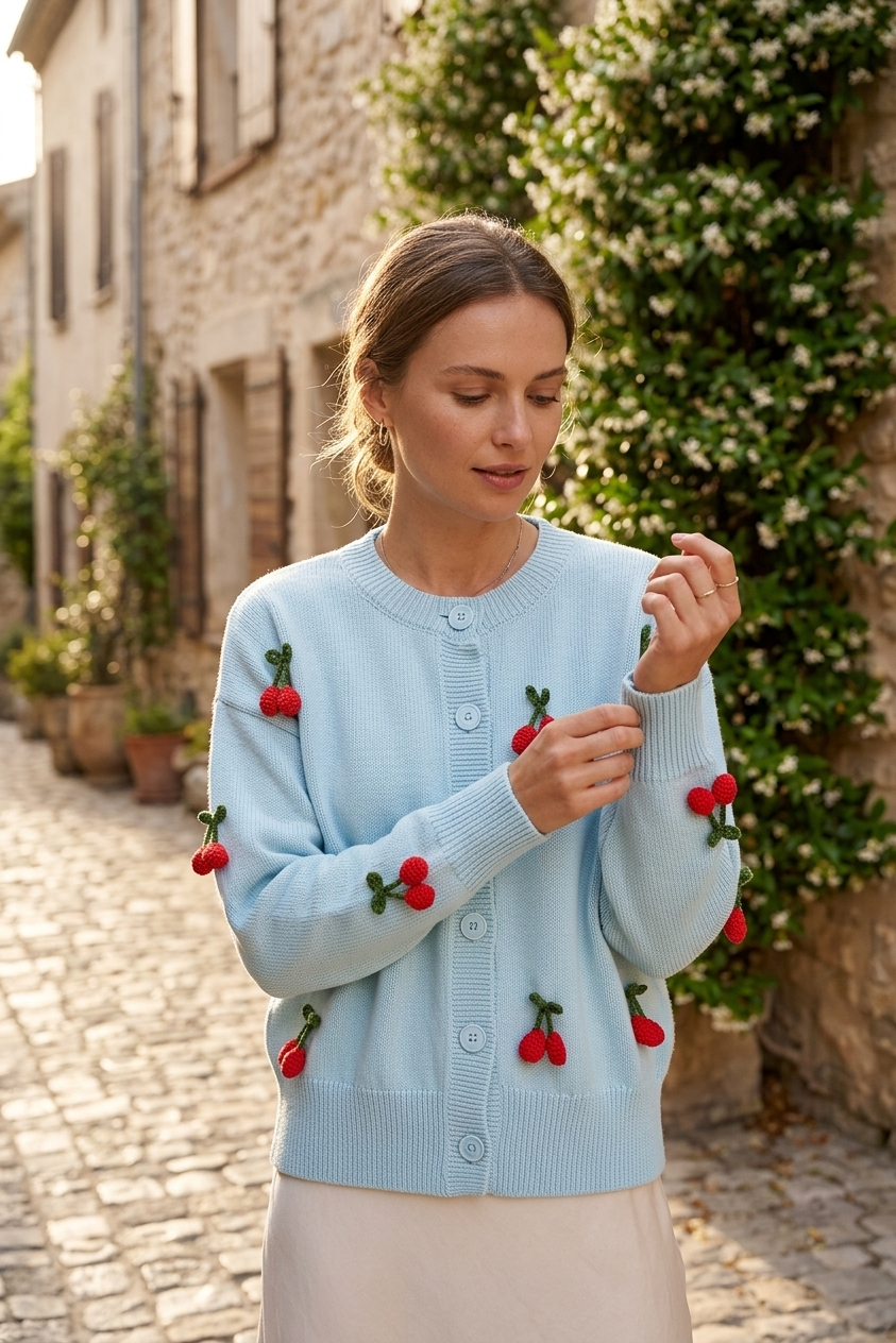 Peraluna CHERRY CARDIGAN Organik Pamuk Kadın Hırka - Açık Mavi