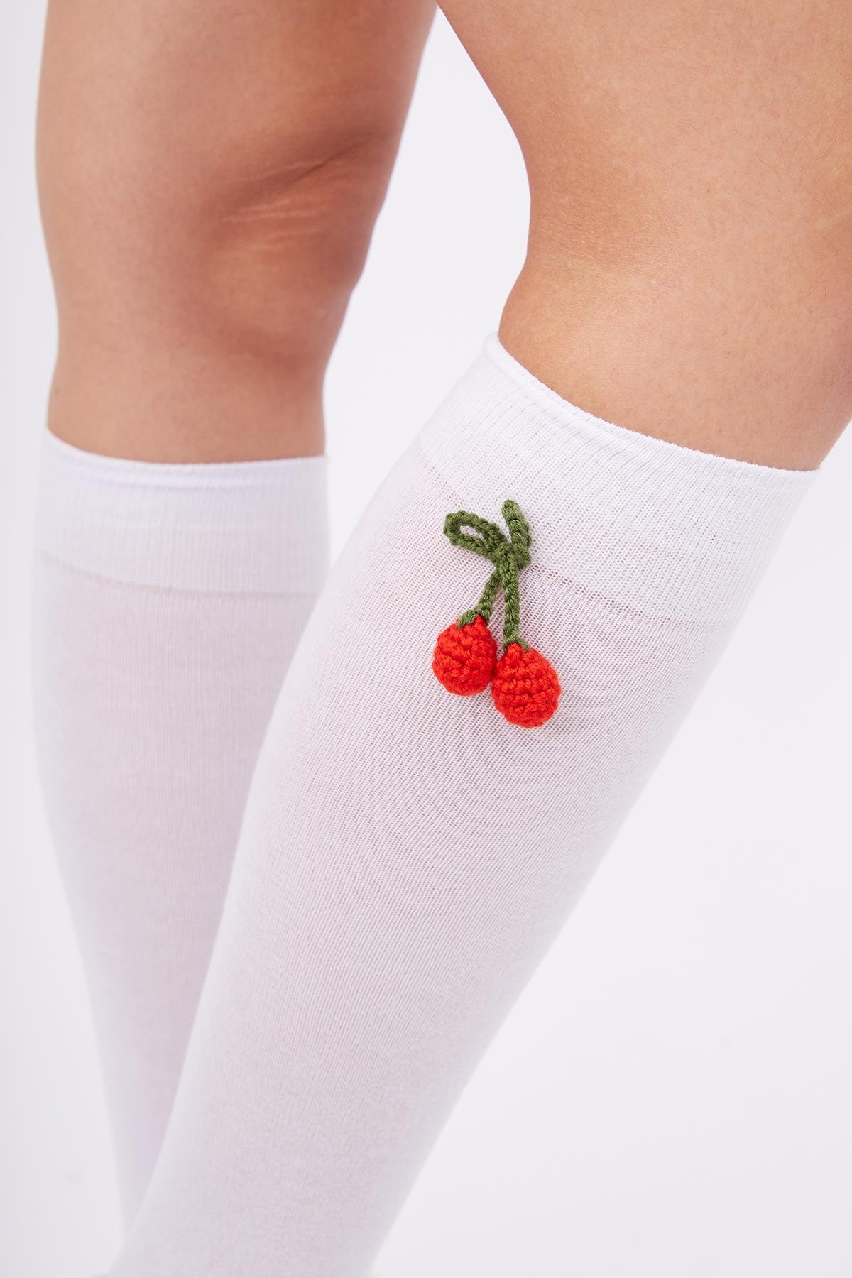 Peraluna CHERRY SOCKS El Yapımı Kiraz Süslemeli Çorap - Beyaz