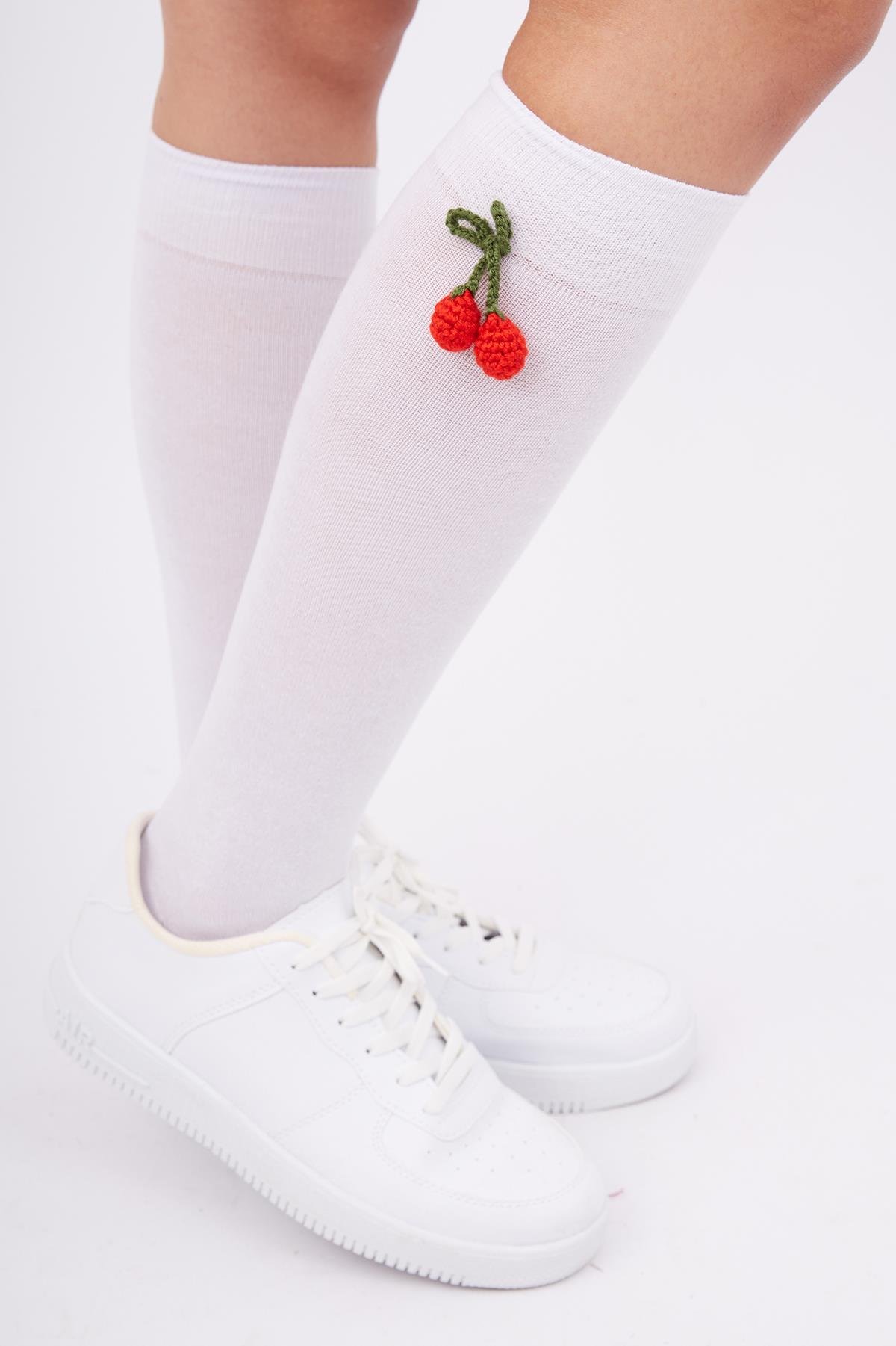 Peraluna CHERRY SOCKS El Yapımı Kiraz Süslemeli Çorap - Beyaz