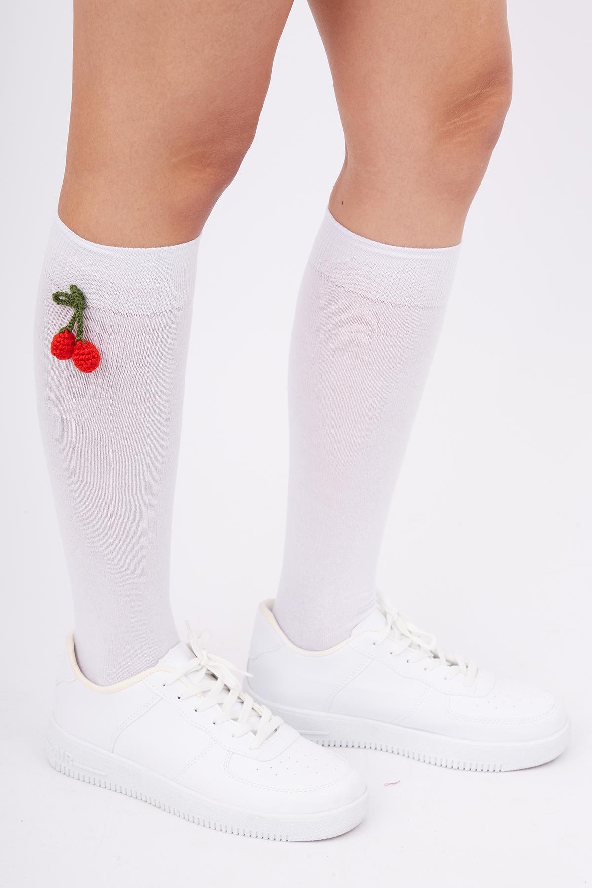 Peraluna CHERRY SOCKS El Yapımı Kiraz Süslemeli Çorap - Beyaz