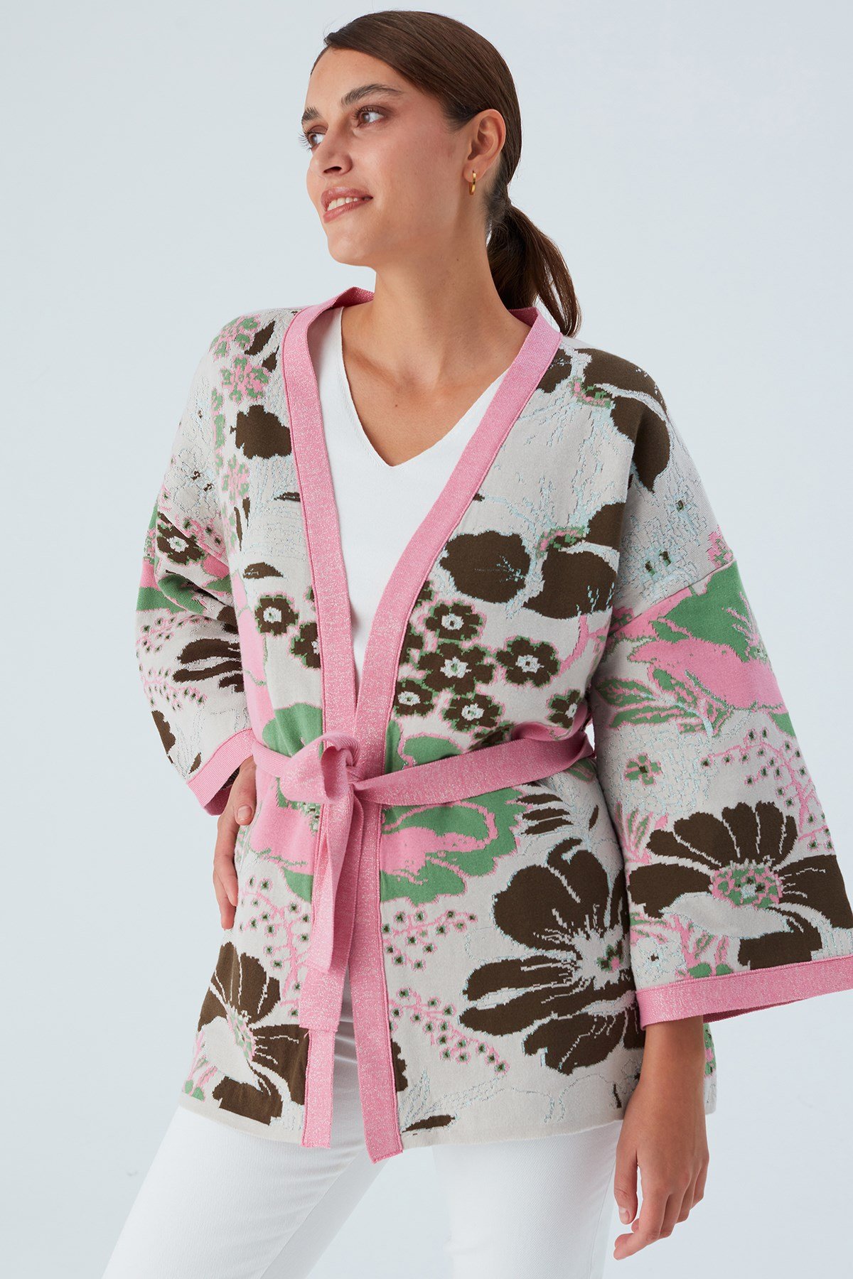 Peraluna Çicek Desenli Bol Kesim Pamuklu Kadın Triko Kimono Pembe