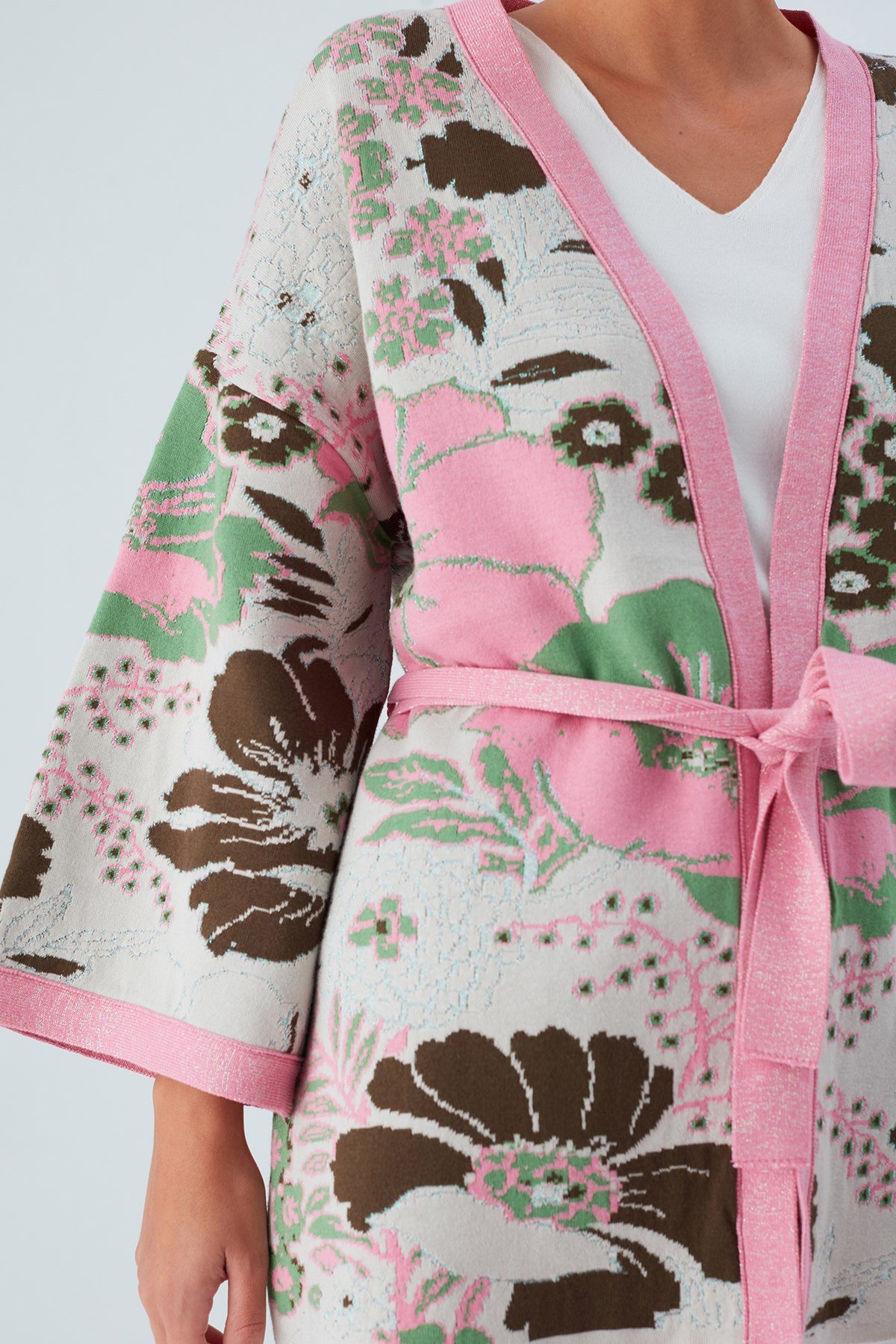 Peraluna Çicek Desenli Bol Kesim Pamuklu Kadın Triko Kimono Pembe