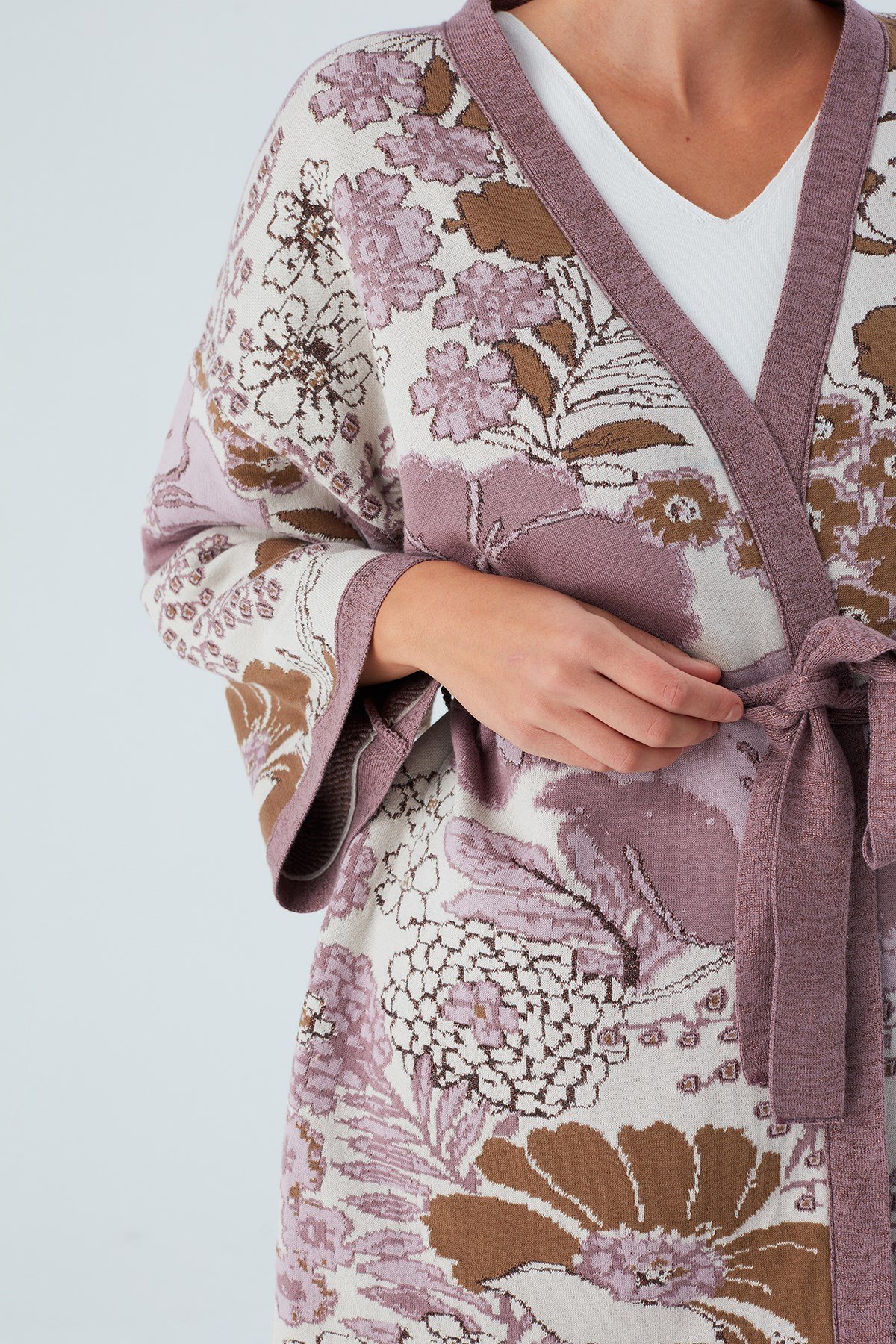 Peraluna Çicek Desenli Bol Kesim Pamuklu Kadın Triko Kimono Mor