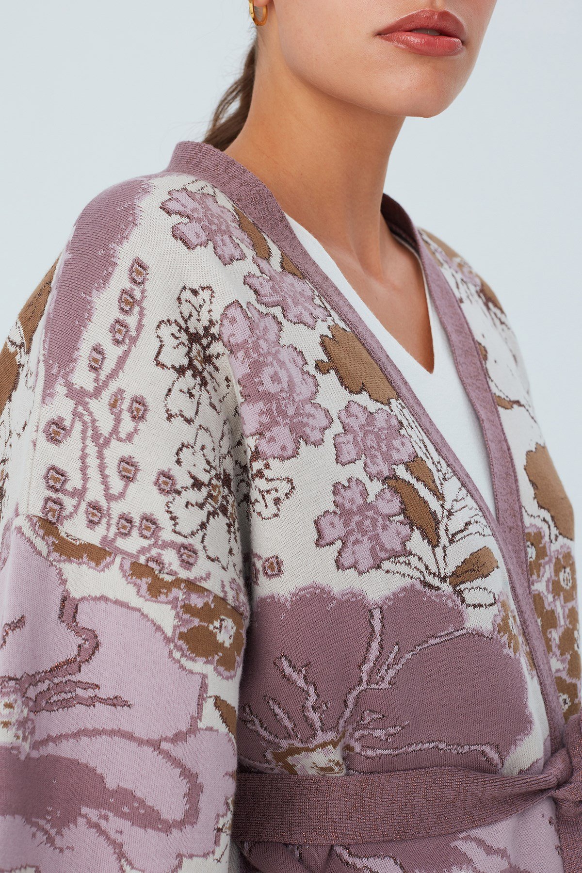 Peraluna Çicek Desenli Bol Kesim Pamuklu Kadın Triko Kimono Mor