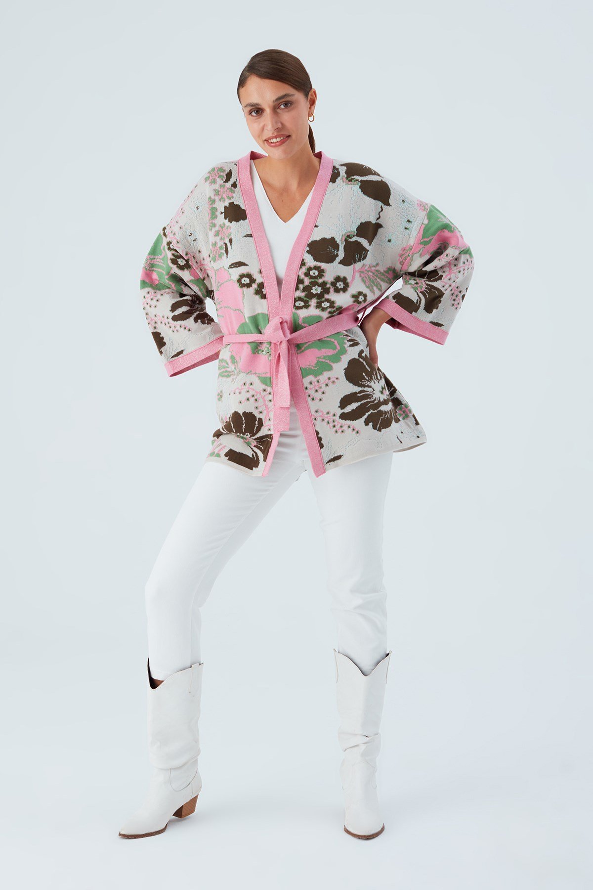 Peraluna Çicek Desenli Bol Kesim Pamuklu Kadın Triko Kimono Pembe