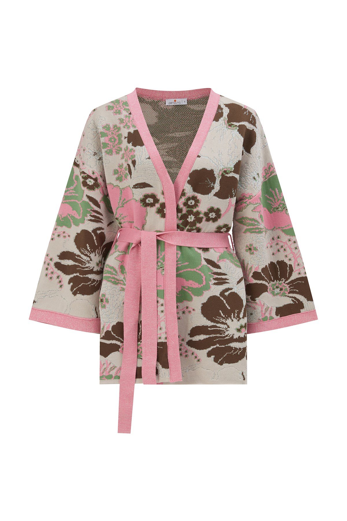 Peraluna Çicek Desenli Bol Kesim Pamuklu Kadın Triko Kimono Pembe