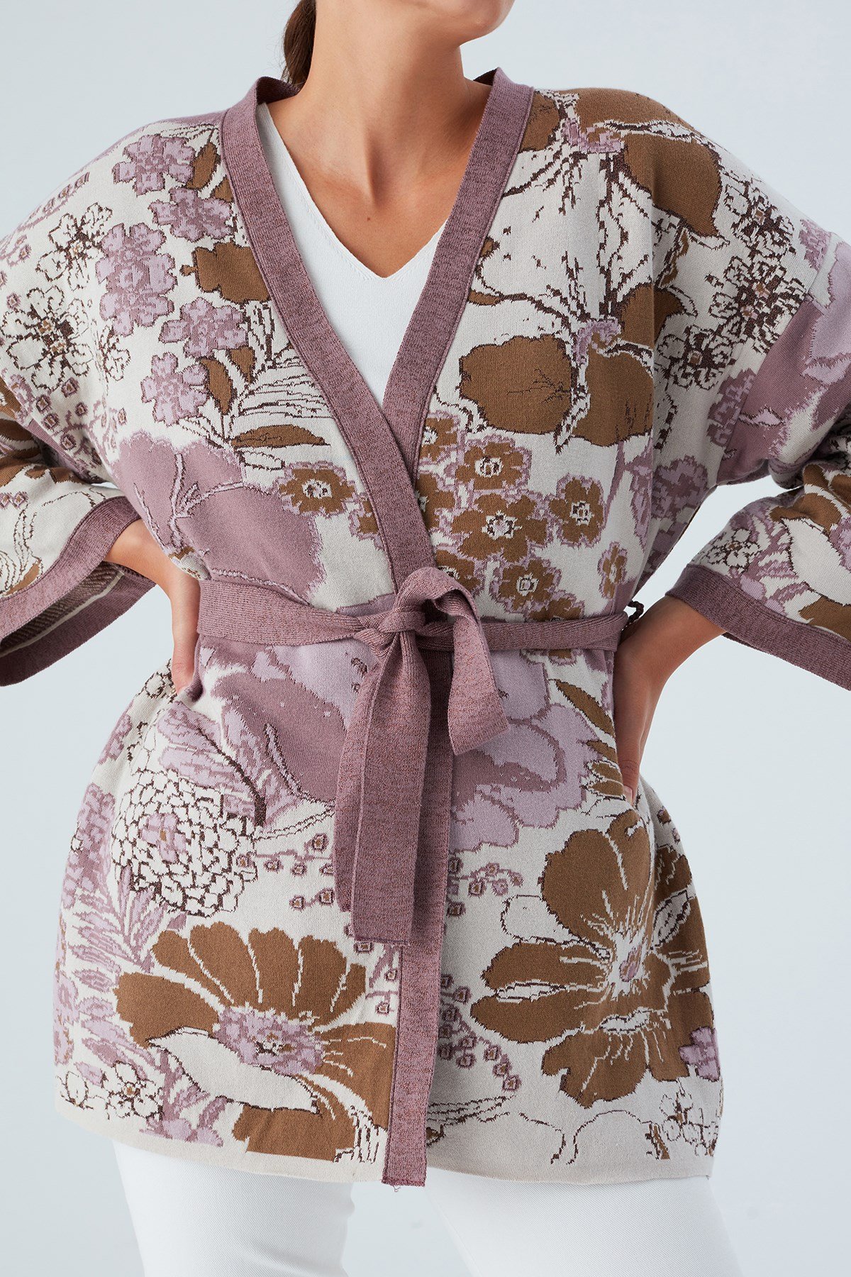 Peraluna Çicek Desenli Bol Kesim Pamuklu Kadın Triko Kimono Mor