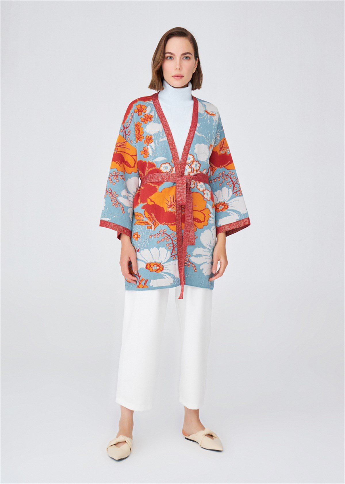 Peraluna Flower Pattern Organic Cotton Women's Knitwear Kimono - Multicolor
