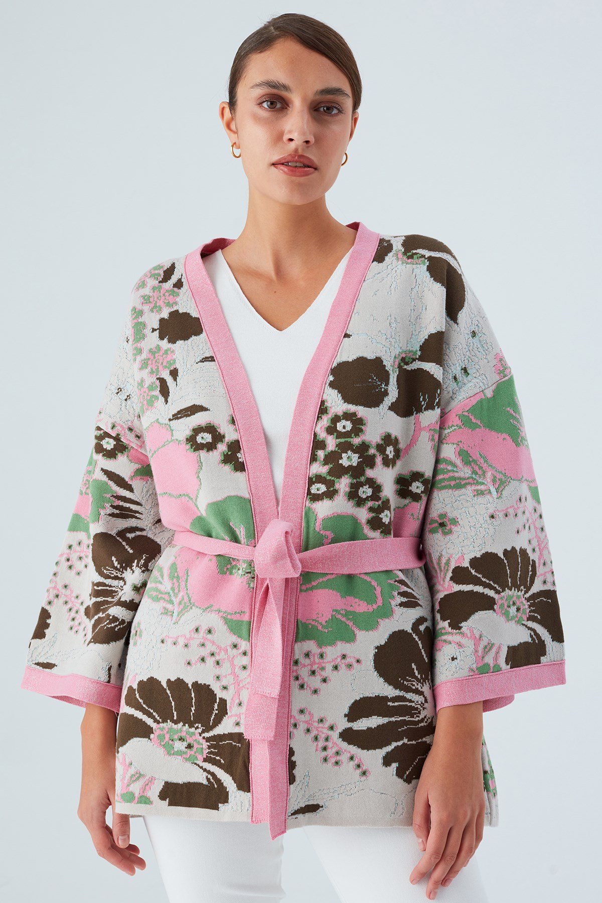 Peraluna Çicek Desenli Bol Kesim Pamuklu Kadın Triko Kimono Pembe