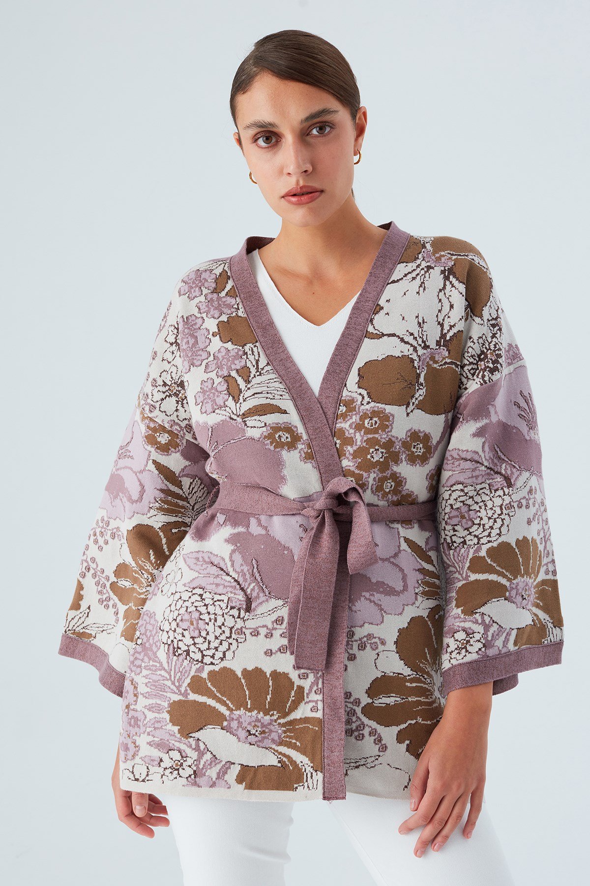 Peraluna Çicek Desenli Bol Kesim Pamuklu Kadın Triko Kimono Mor