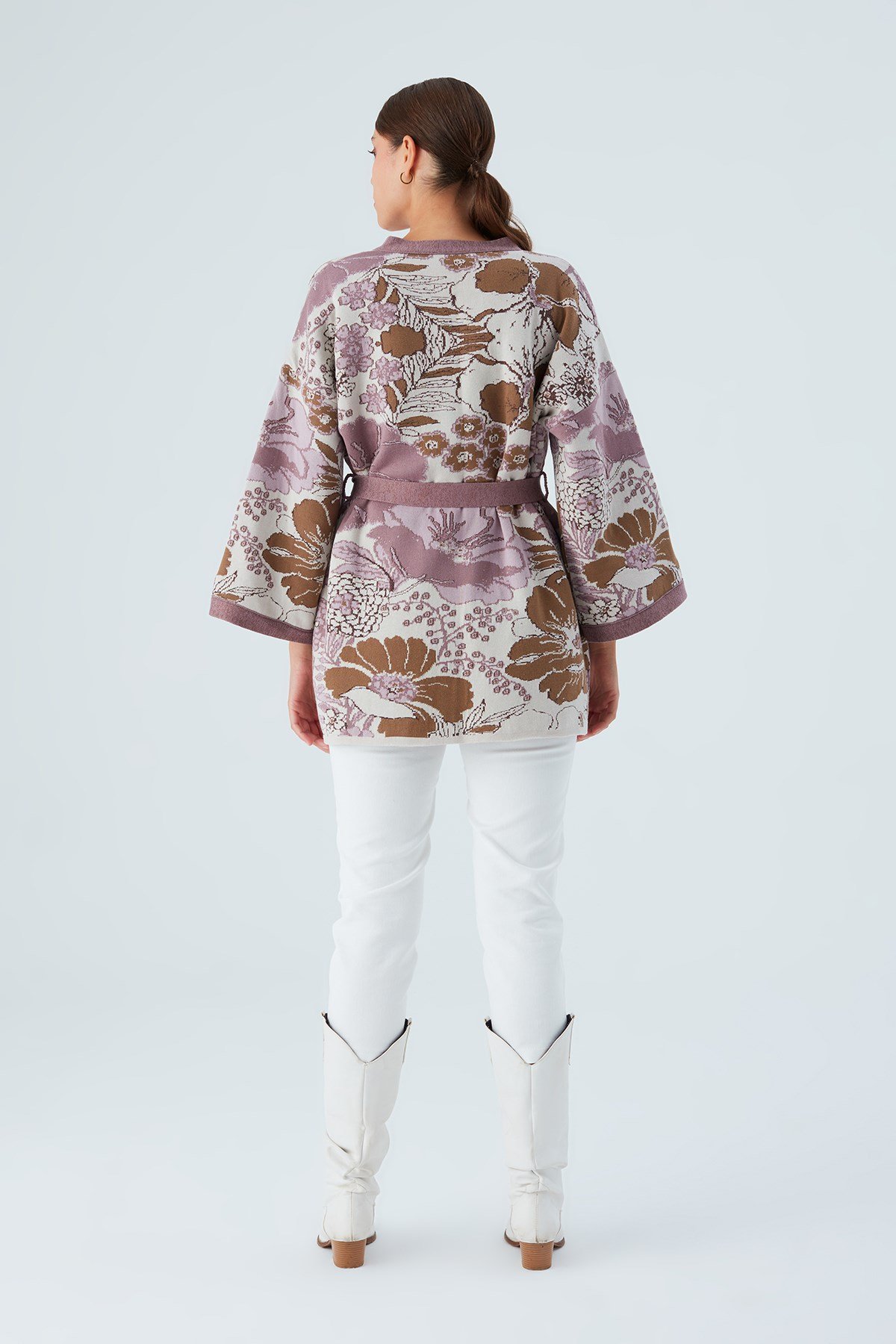 Peraluna Çicek Desenli Bol Kesim Pamuklu Kadın Triko Kimono Mor