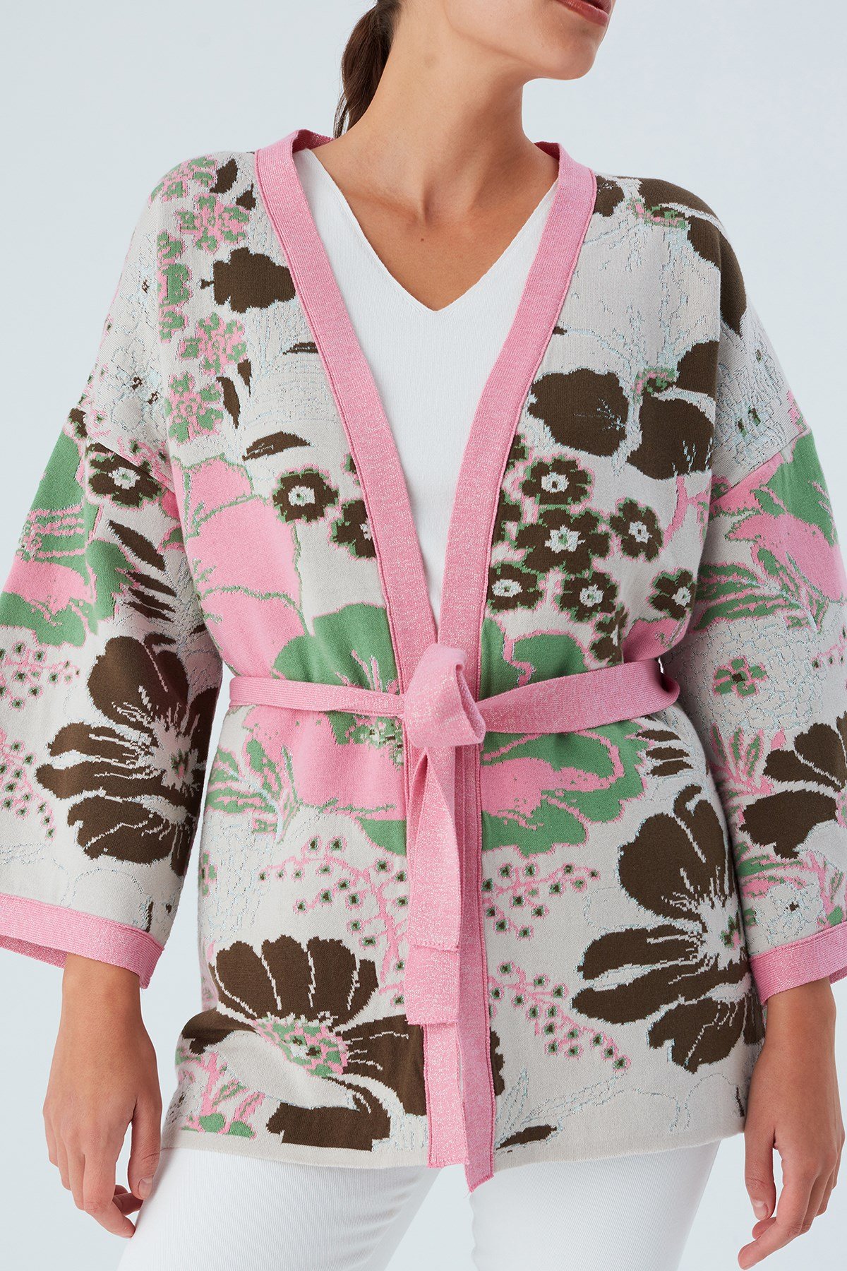 Peraluna Çicek Desenli Bol Kesim Pamuklu Kadın Triko Kimono Pembe