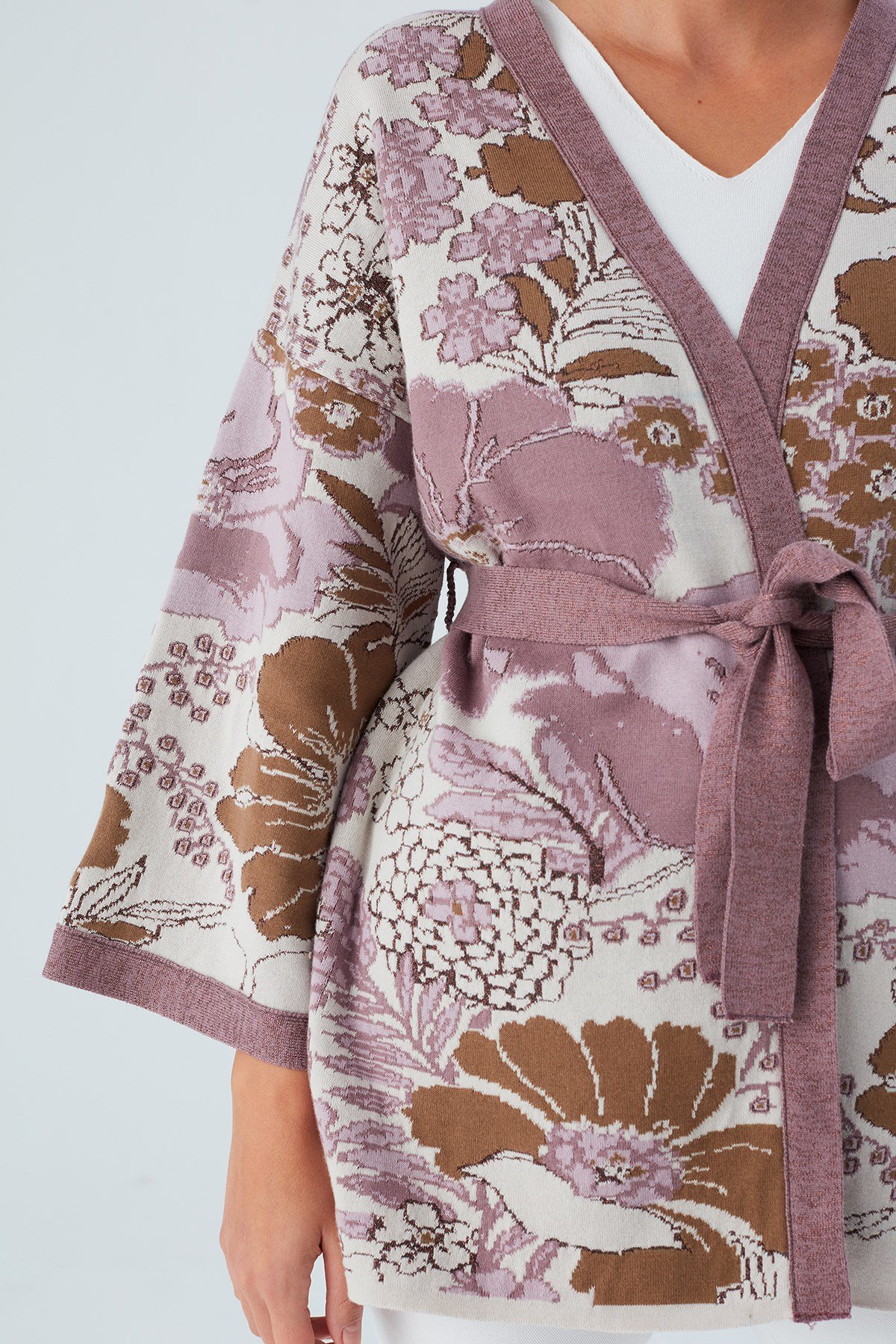 Peraluna Çicek Desenli Bol Kesim Pamuklu Kadın Triko Kimono Mor