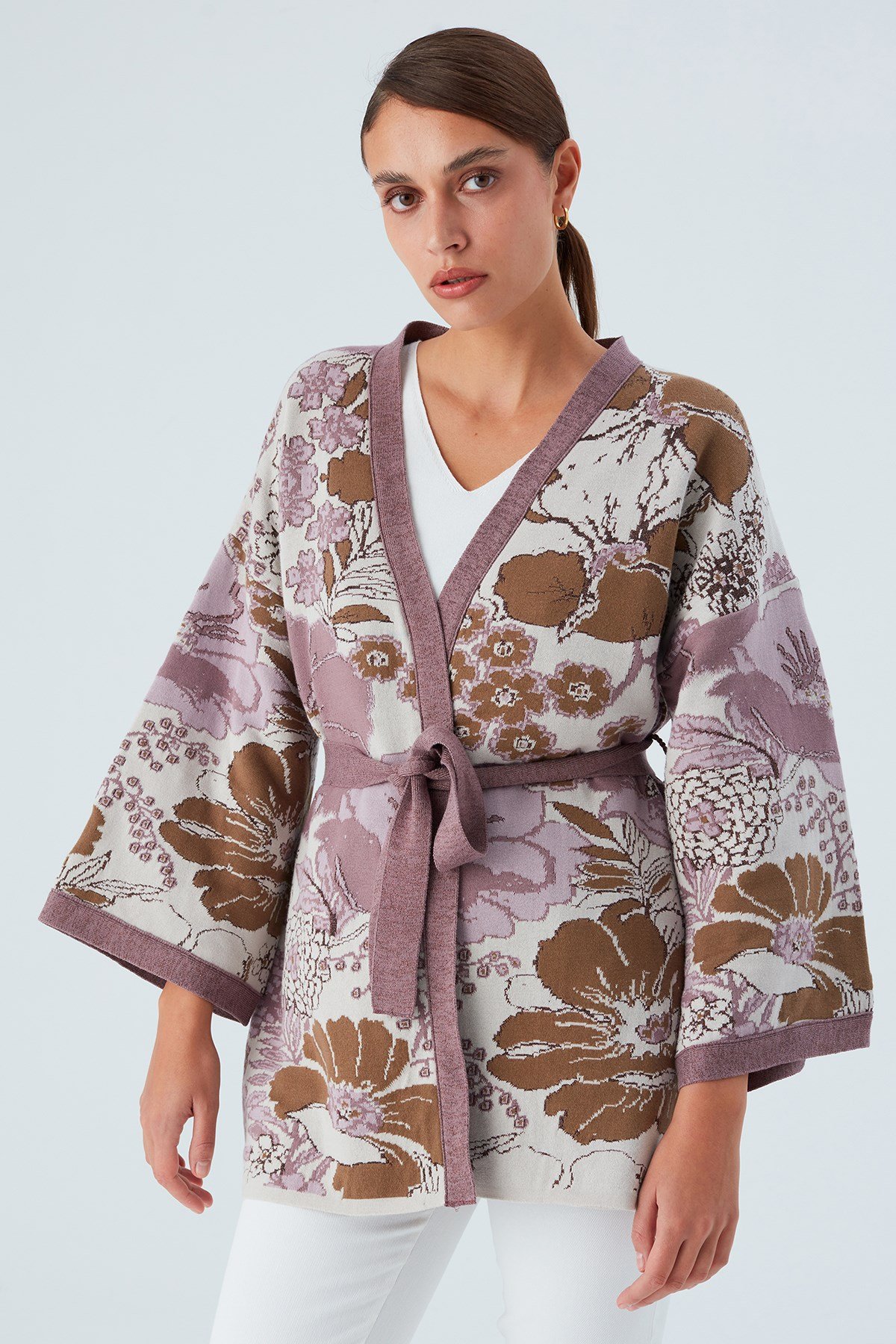 Peraluna Çicek Desenli Bol Kesim Pamuklu Kadın Triko Kimono Mor