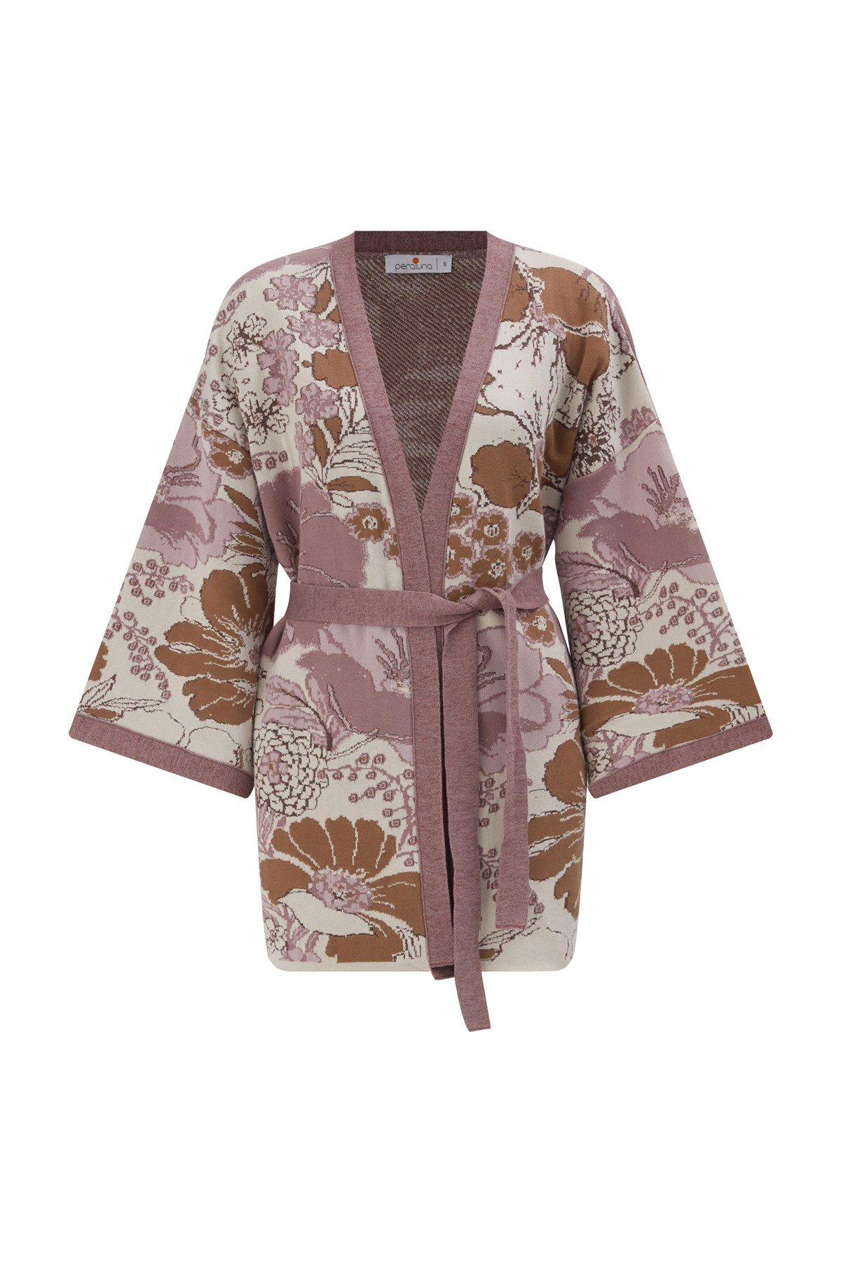 Peraluna Çicek Desenli Bol Kesim Pamuklu Kadın Triko Kimono Mor