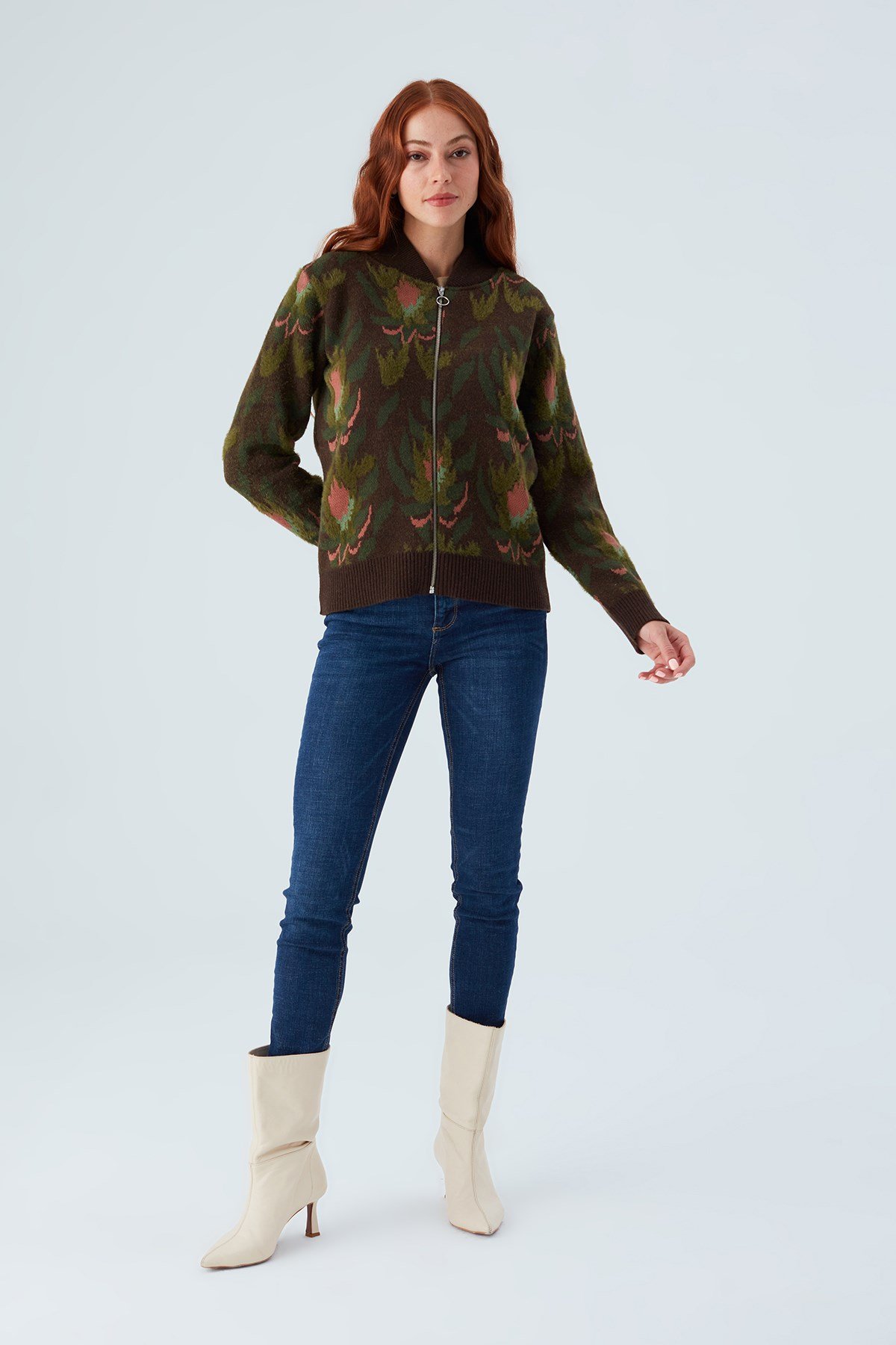 Peraluna Floral Patterned Zippered Organic Cotton Women's Knitwear Jacket - Multicolor