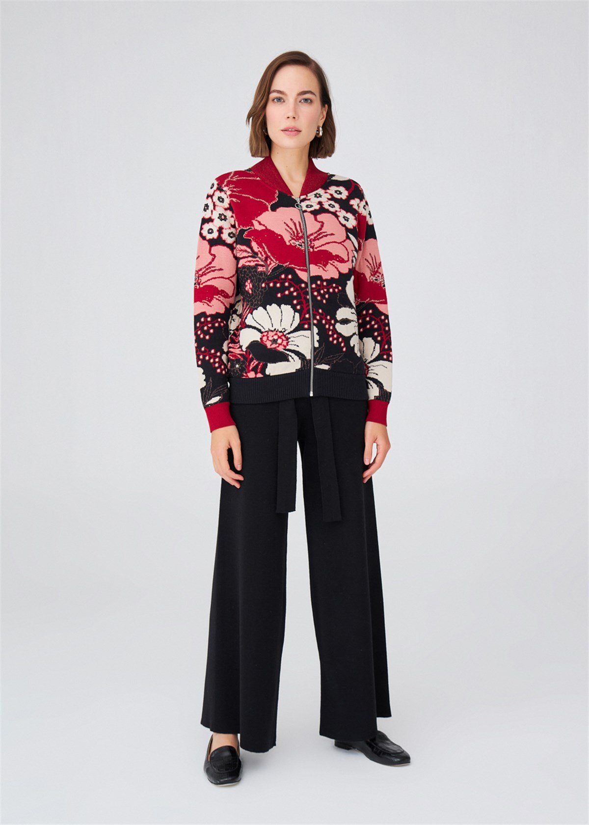 Peraluna Floral Patterned Zippered Organic Cotton Women's Knitwear Jacket - Multicolor