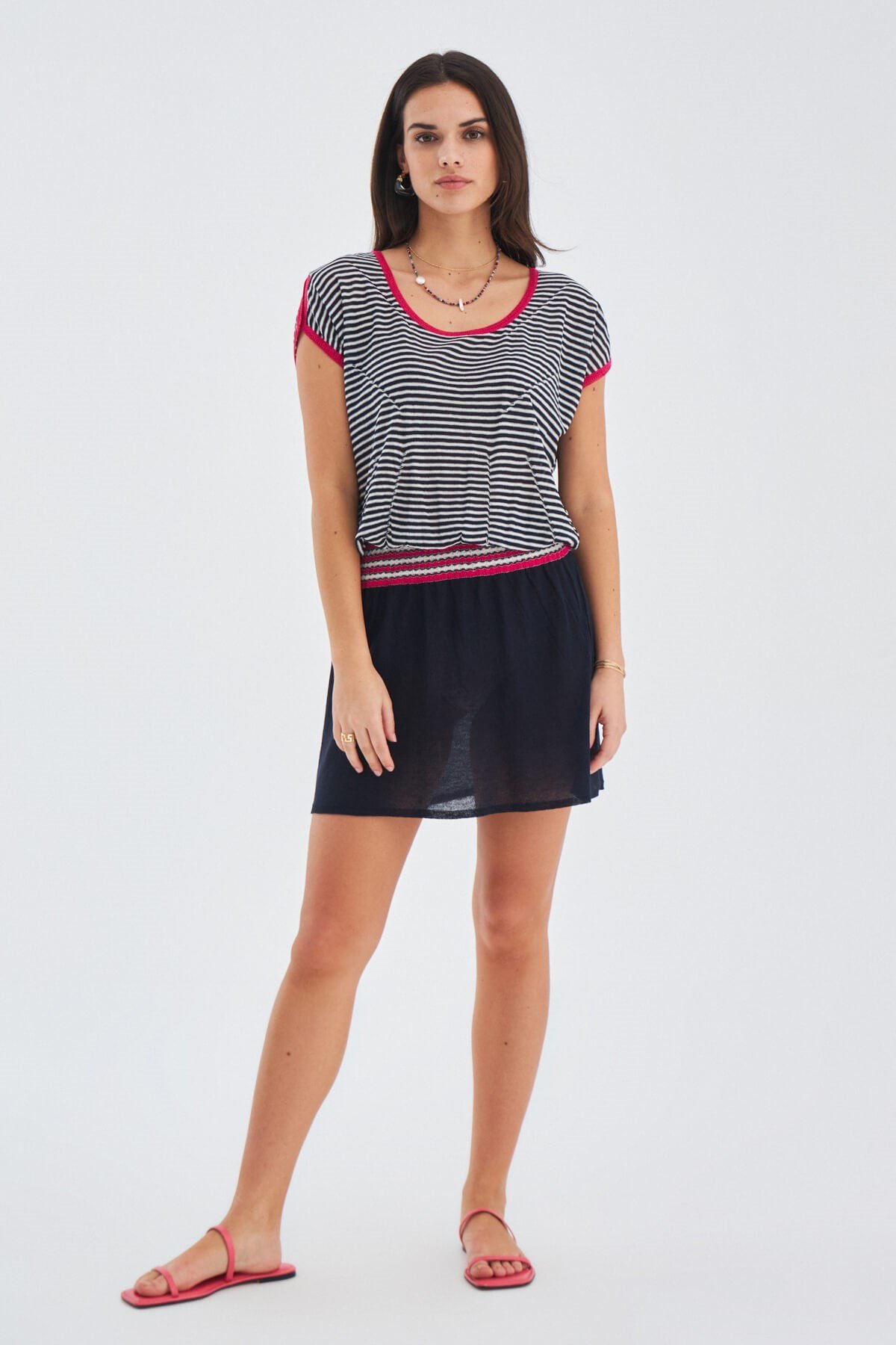 Peraluna Striped Boat-Neck Summer Women's Knitwear Dress - Navy Blue/Ecru