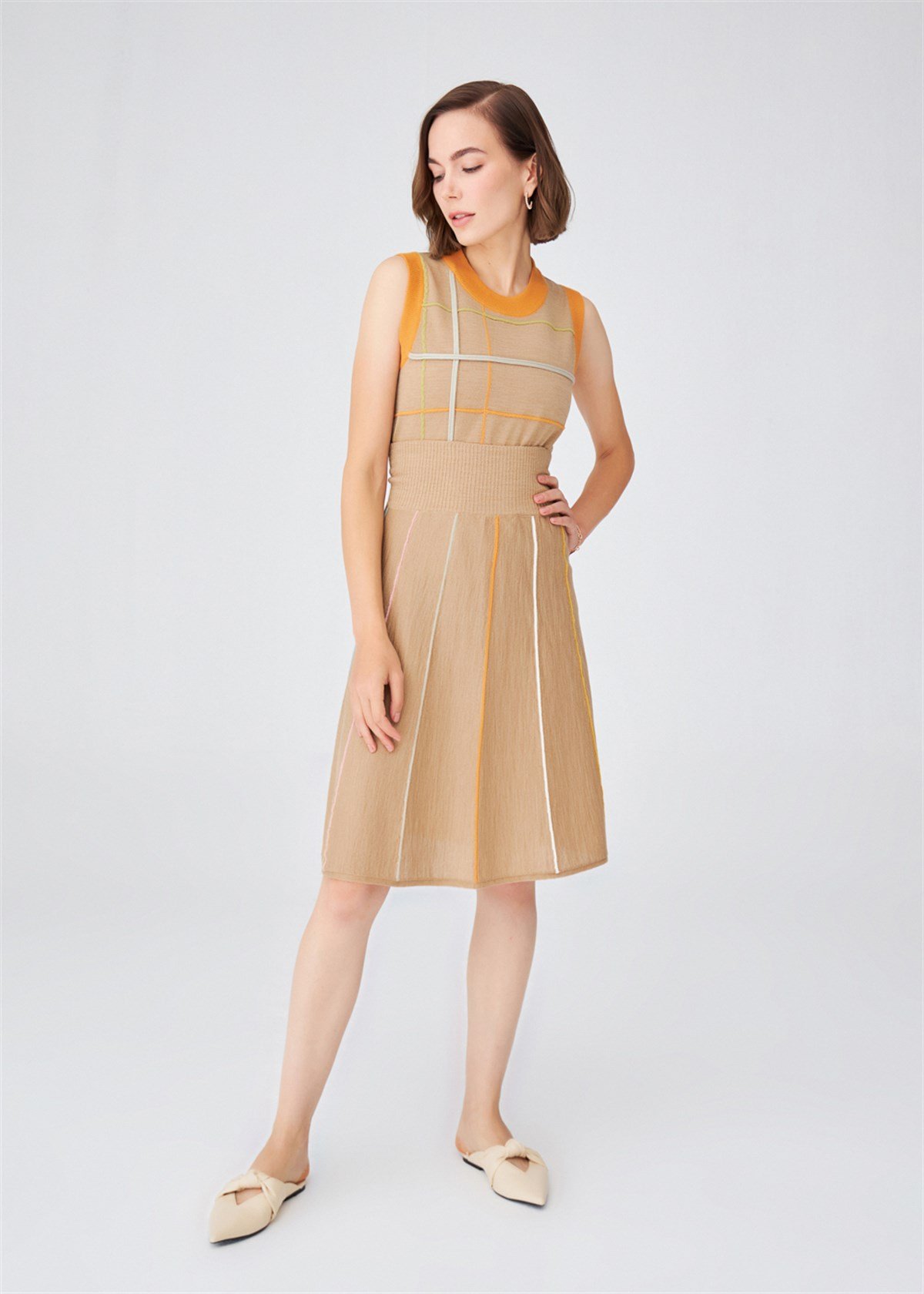 Peraluna Striped High Waist Below Knee Women's Knitwear Skirt - Camel Melange