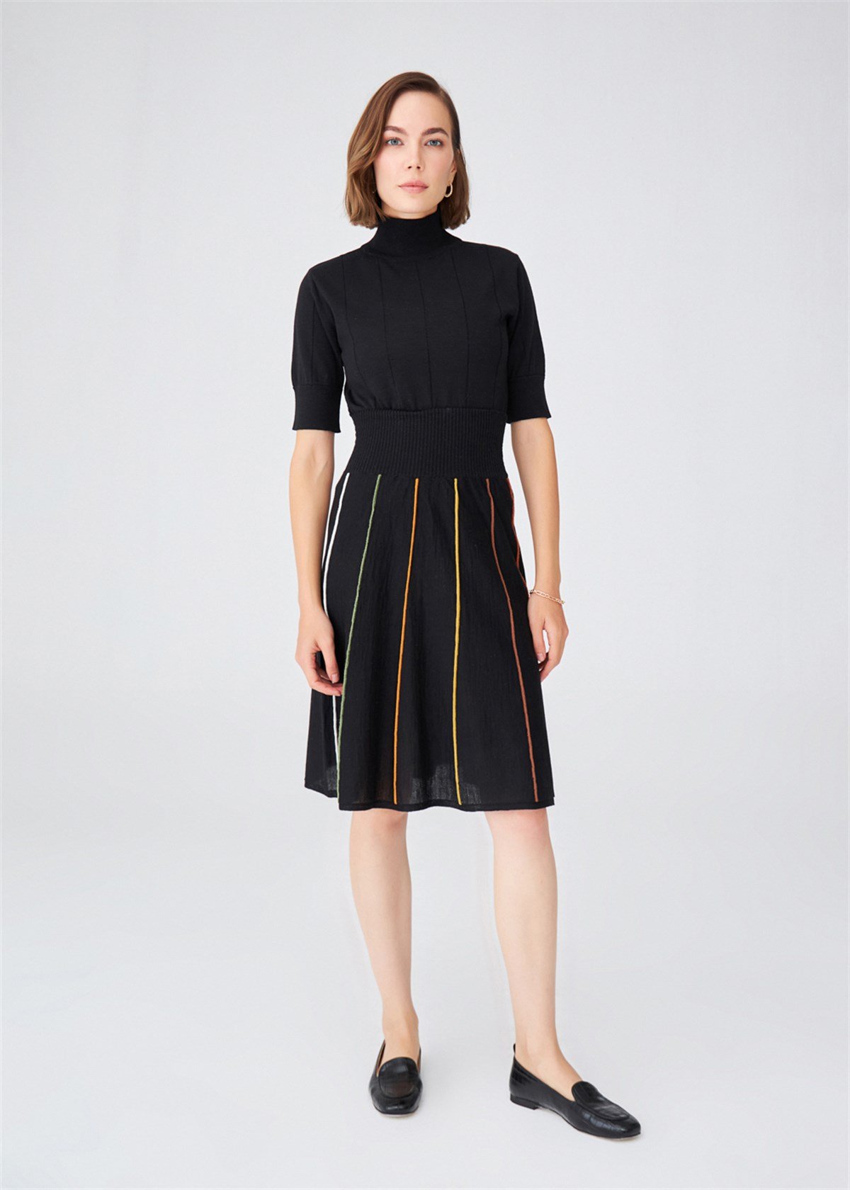 Peraluna Striped High Waist Below Knee Women's Knitwear Skirt - Black