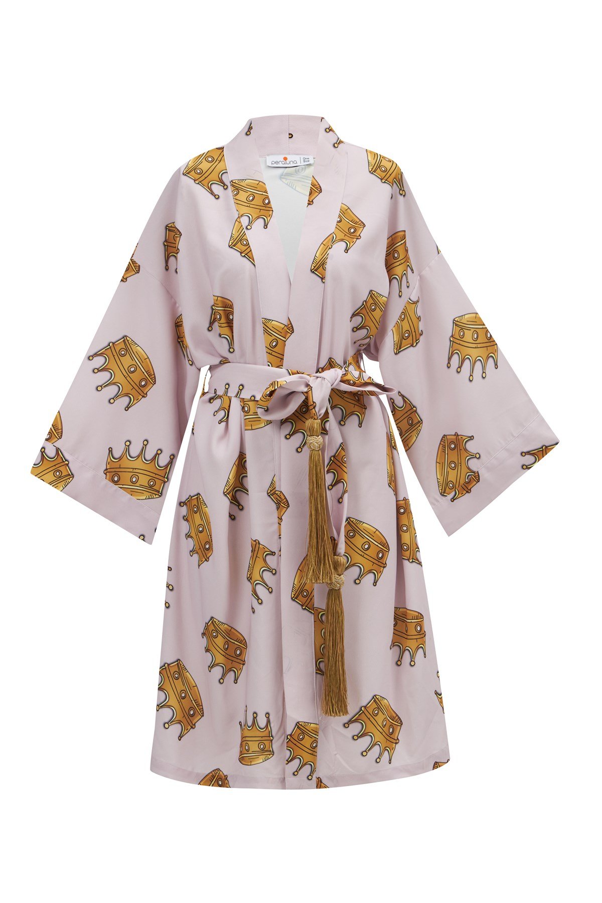 Peraluna CROWN Kral Tacı Desenli Diz Altı Saten Kadın Kimono Açık Lila/Hardal