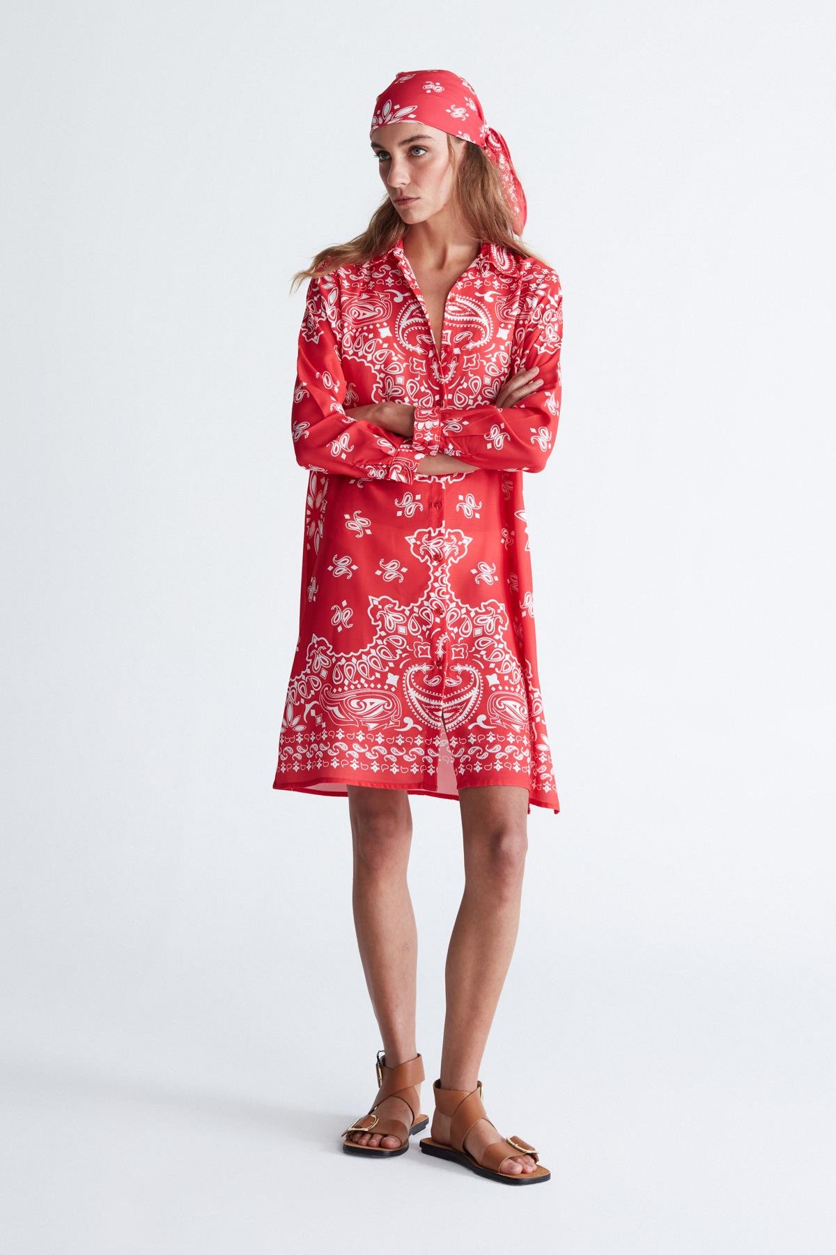 Peraluna DAISY DRESS Şal Desen Polo Yaka Düğmeli Mini Kadın Gömlek Elbise Nar Çiçeği/Beyaz