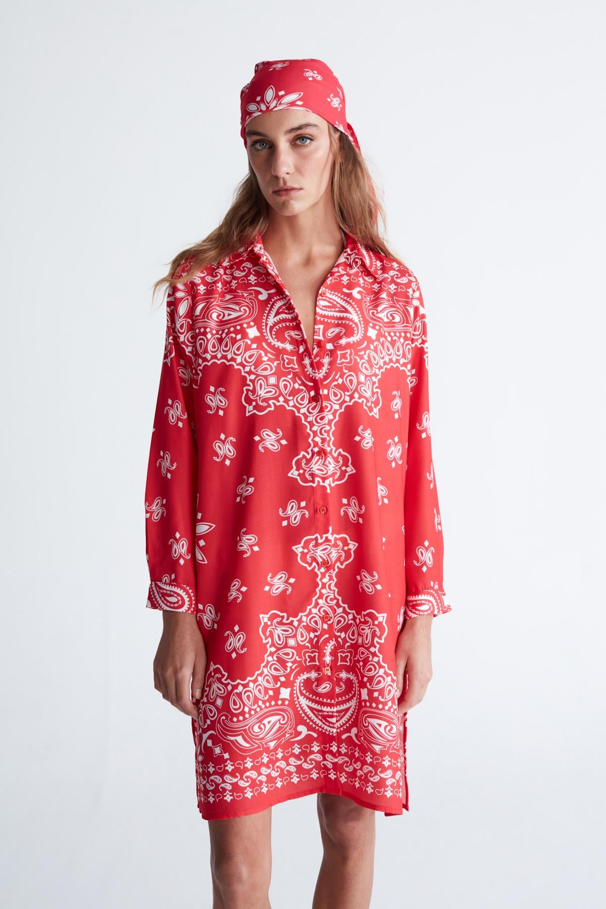 Peraluna DAISY DRESS Şal Desen Polo Yaka Düğmeli Mini Kadın Gömlek Elbise Nar Çiçeği/Beyaz