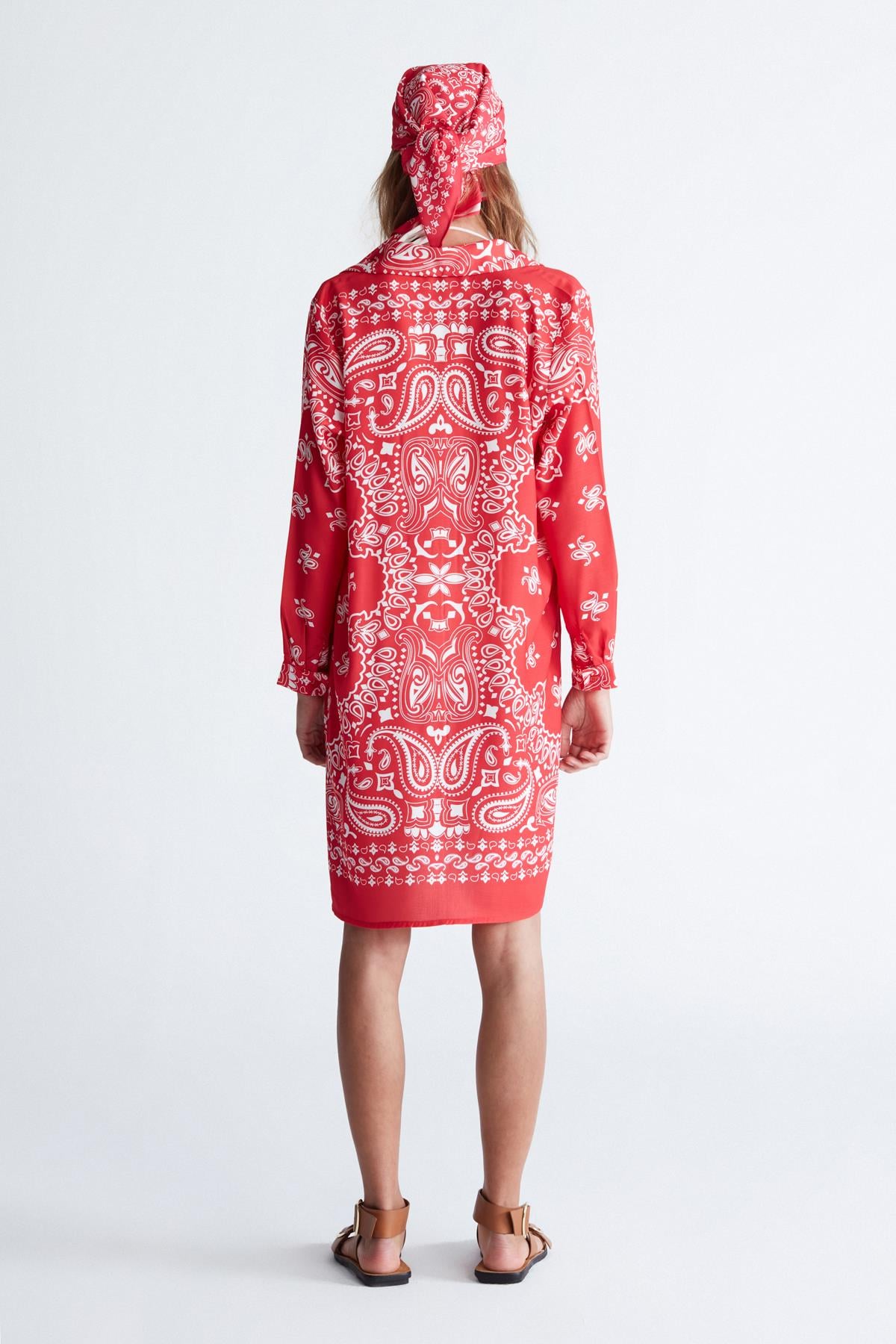 Peraluna DAISY DRESS Şal Desen Polo Yaka Düğmeli Mini Kadın Gömlek Elbise Nar Çiçeği/Beyaz