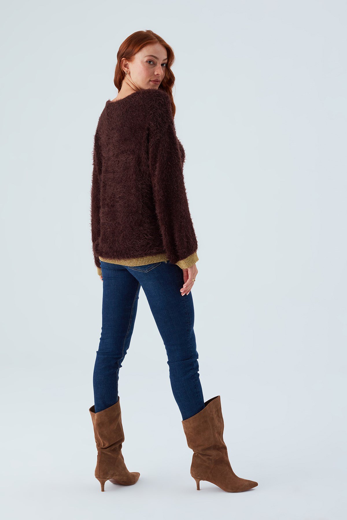 Peraluna DE VILLE PULLOVER Kol ve Etek Ucu Simli Kadın Triko Kazak Kahverengi