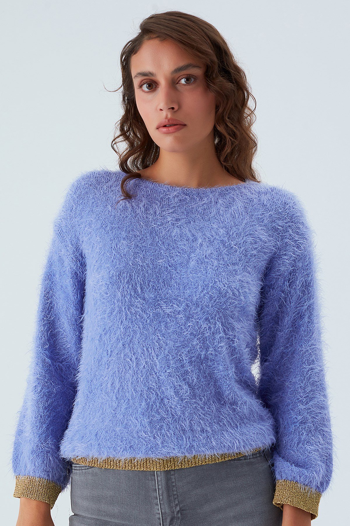 Peraluna DE VILLE PULLOVER Kol ve Etek Ucu Simli Kadın Triko Kazak Lila