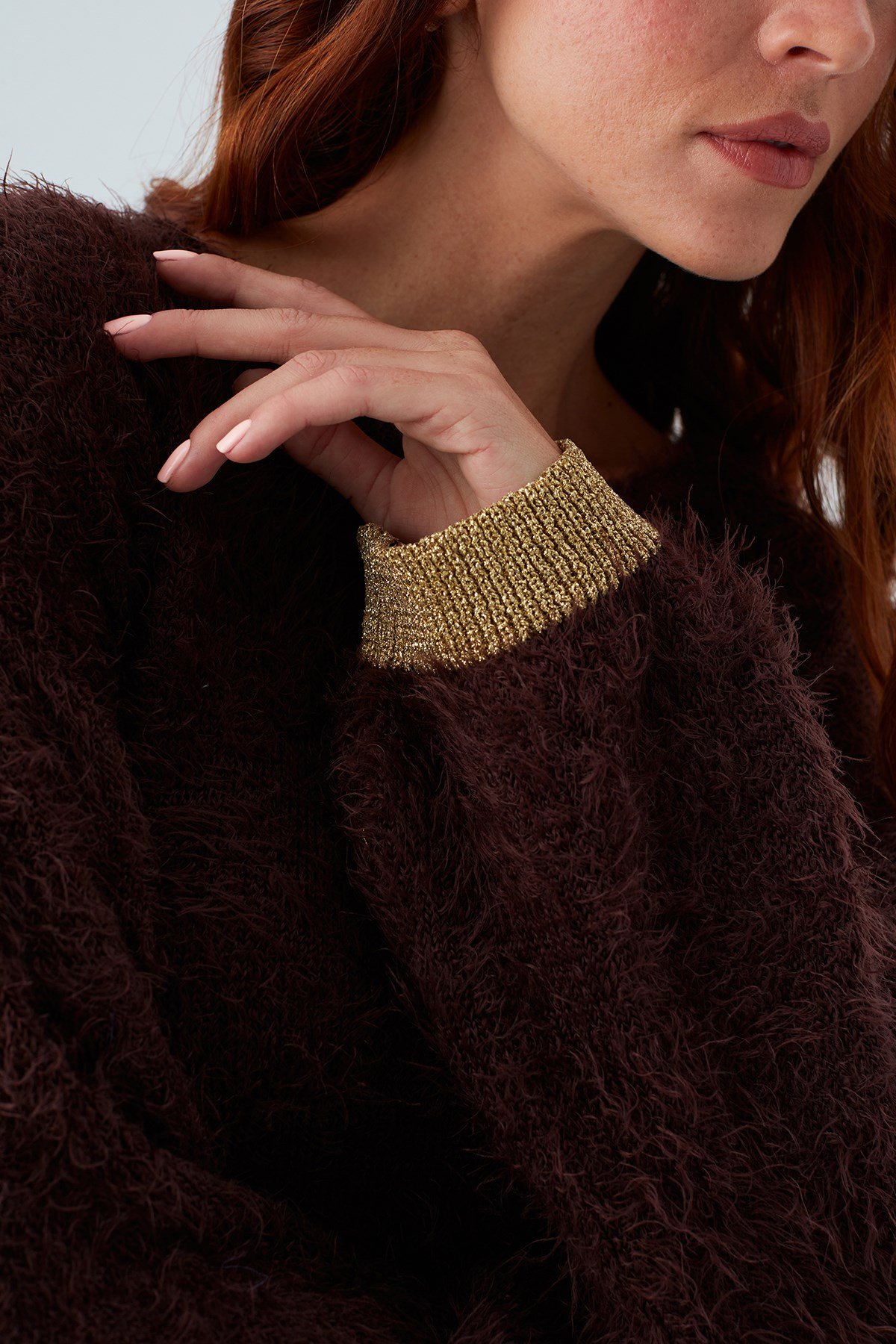 Peraluna DE VILLE PULLOVER Kol ve Etek Ucu Simli Kadın Triko Kazak Kahverengi