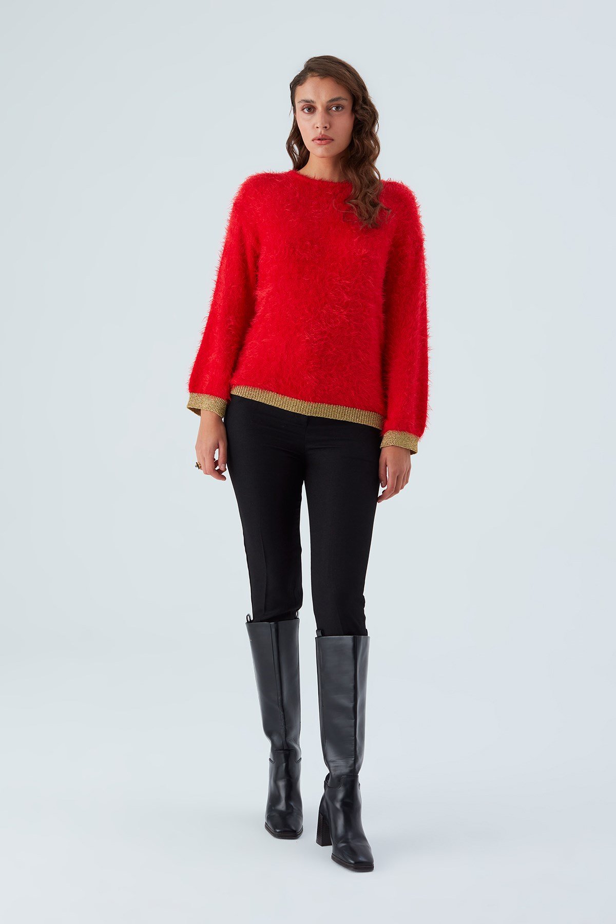 Peraluna DE VILLE PULLOVER Sleeve and Hem Lurex Women's Knitwear Sweater - Red