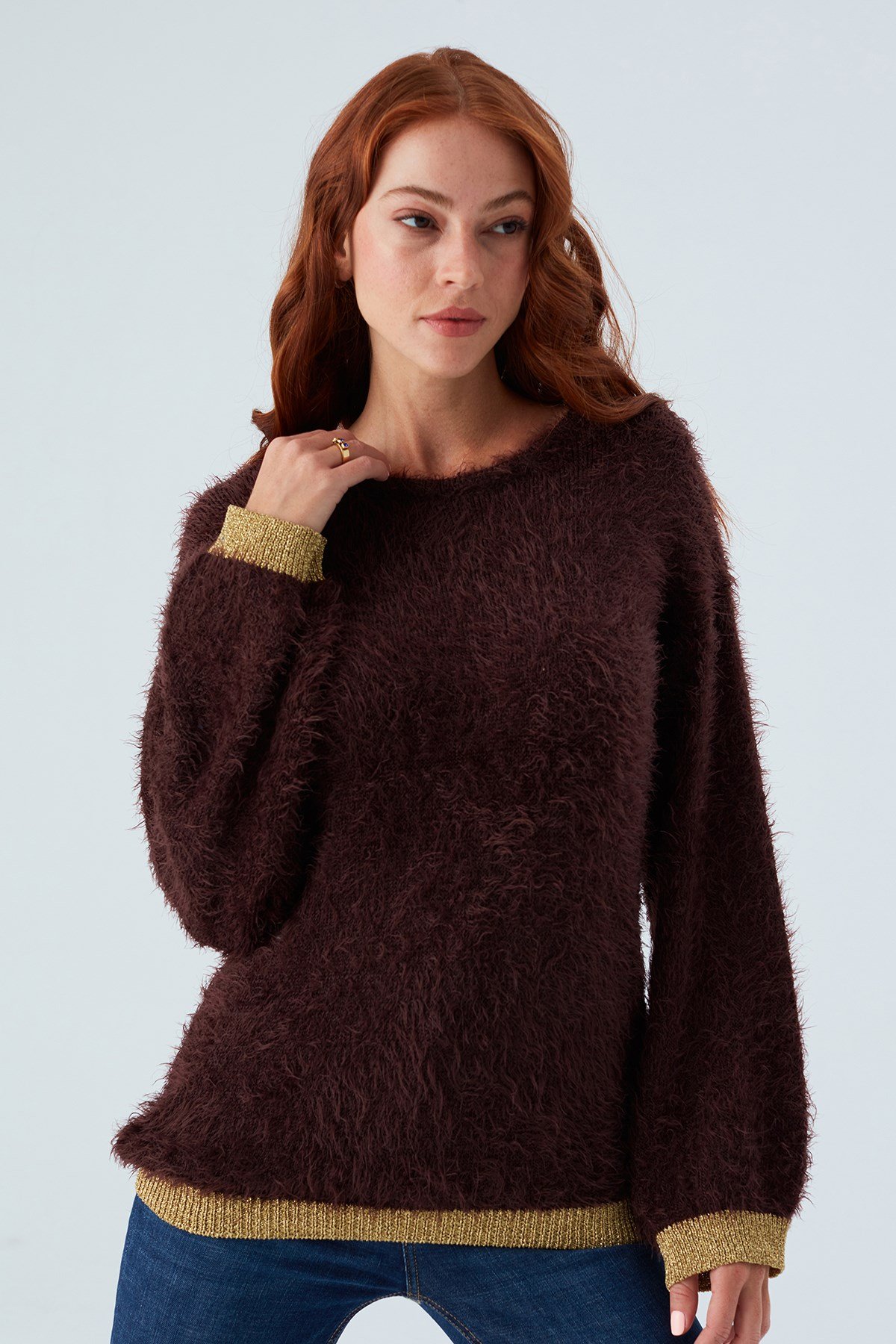 Peraluna DE VILLE PULLOVER Kol ve Etek Ucu Simli Kadın Triko Kazak Kahverengi