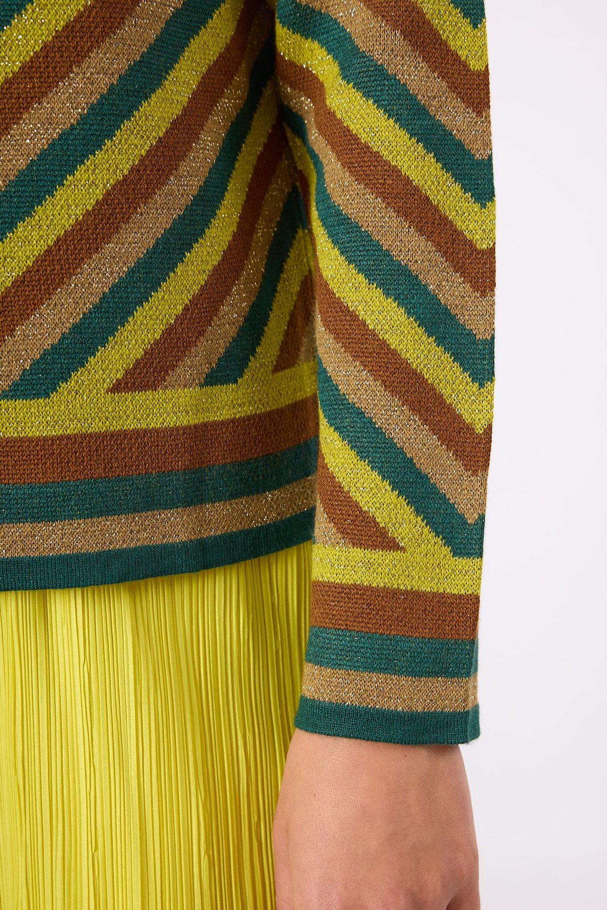 Peraluna Delight Çizgili Simli Kadın Triko Hırka - Zümrüt Multi