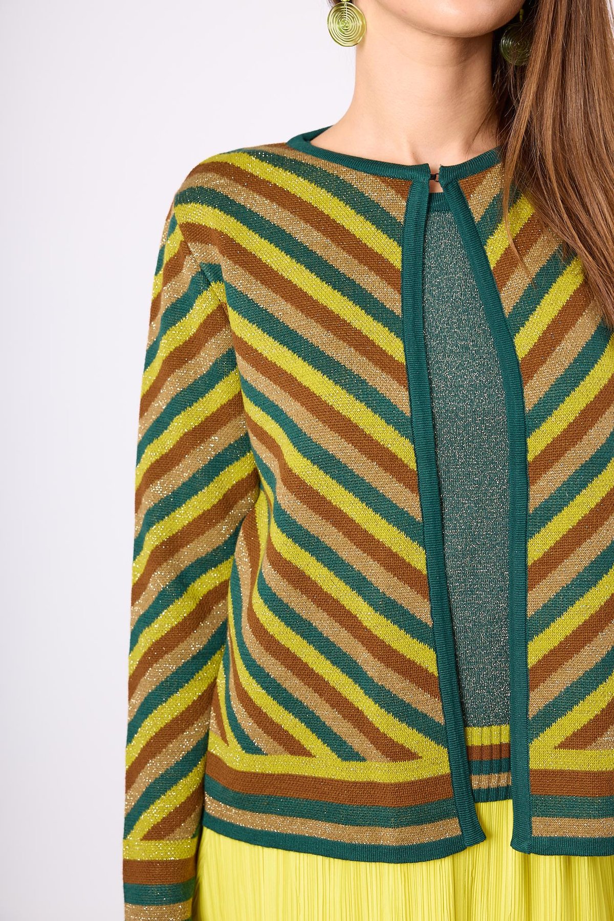 Peraluna Delight Çizgili Simli Kadın Triko Hırka - Zümrüt Multi