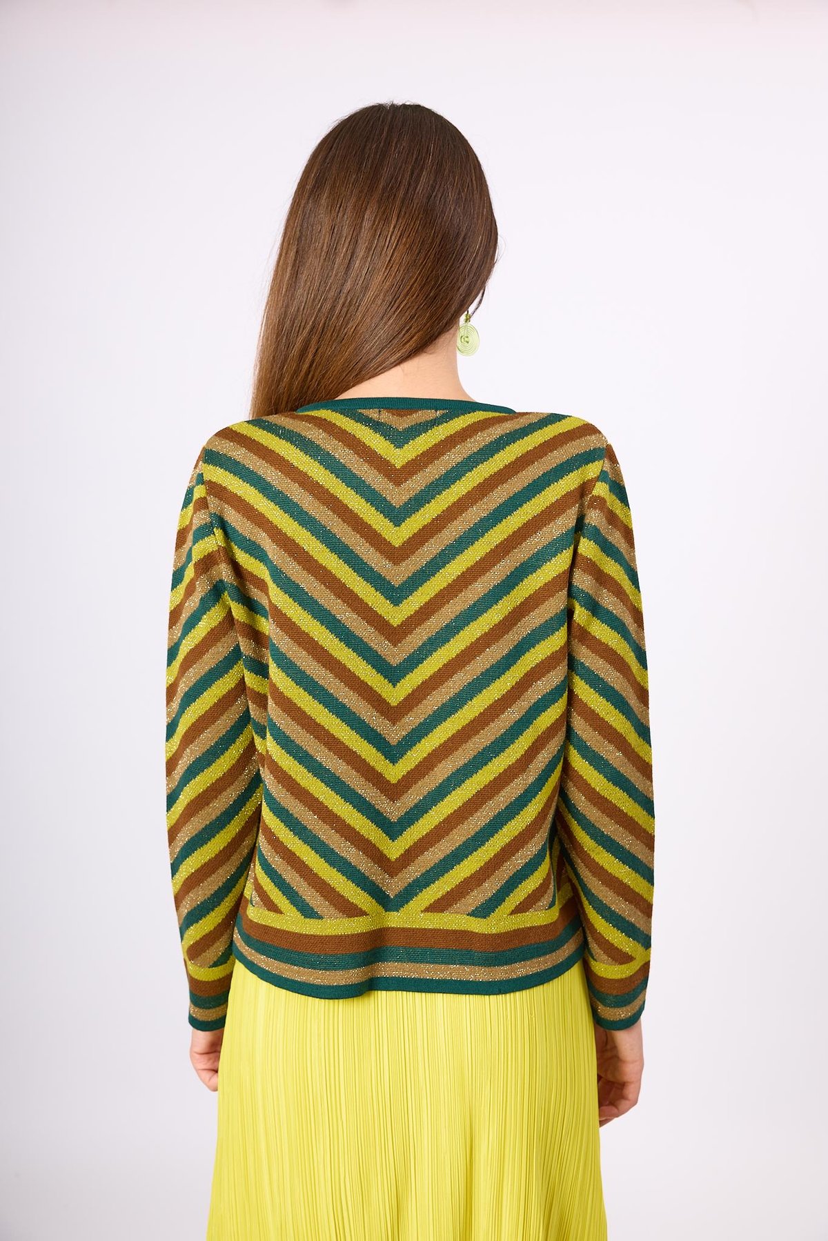 Peraluna Delight Çizgili Simli Kadın Triko Hırka - Zümrüt Multi