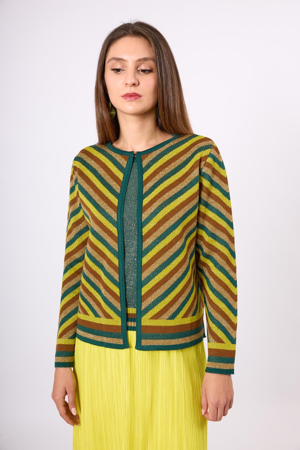 Peraluna Delight Çizgili Simli Kadın Triko Hırka - Zümrüt Multi