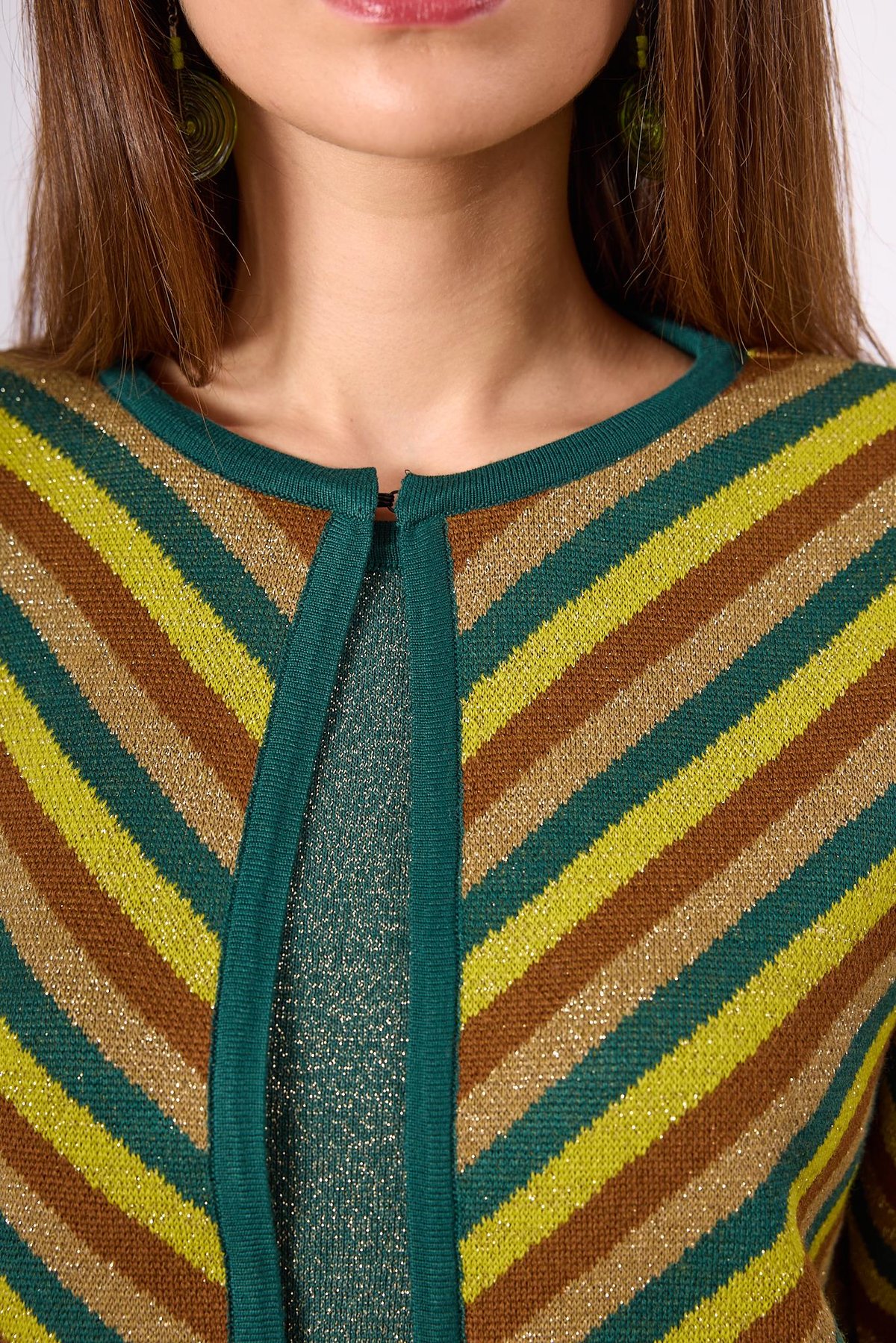 Peraluna Delight Çizgili Simli Kadın Triko Hırka - Zümrüt Multi