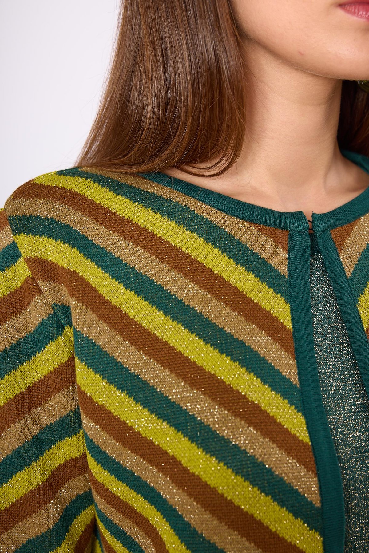 Peraluna Delight Çizgili Simli Kadın Triko Hırka - Zümrüt Multi